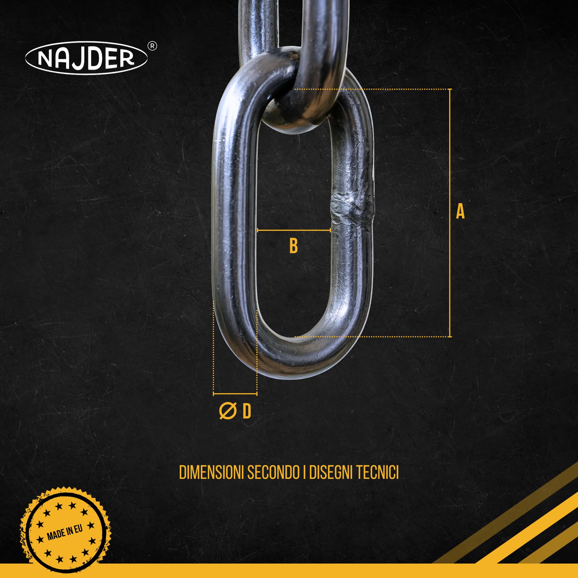 NAJDER Catena a maglie lunghe in acciaio inox 5 m, Catena in acciaio inox 2 mm, 120 kg di carico massimo, DIN 763, A4-AISI 316 per edilizia, ancoraggio, fai da te, recinzione