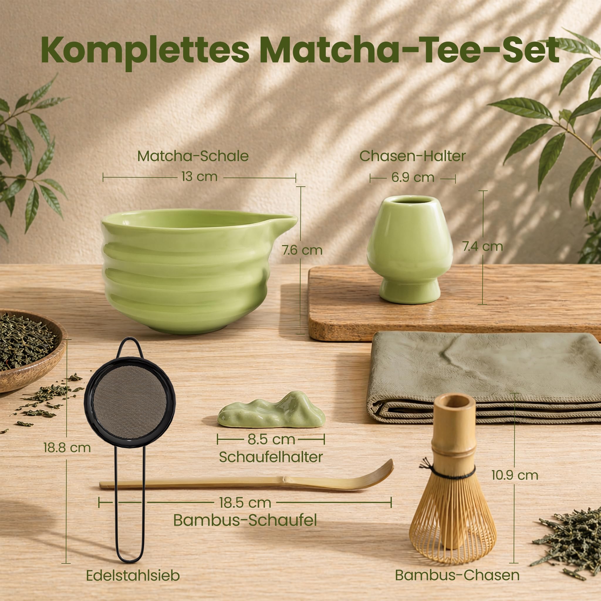 Lemontree Matcha Set - 7-teiliges Matcha Tee Set mit Bambus Besen, Keramik Schale, Matcha Löffel & Sieb - Lebensmittelecht, Spülmaschinenfest, Geschenkbox - Für Matcha-Liebhaber, Matcha Zubehör Set