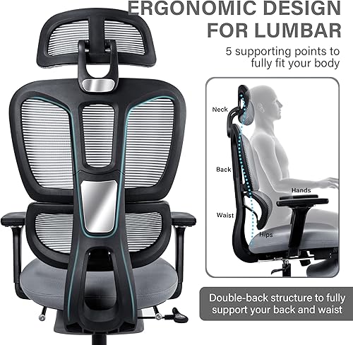 Miniatura 3 de Silla de oficina de malla con reposapiés retráctil, silla de escritorio ergonómica, respaldo alto, reposacabezas ajustable y reposabrazos 4D,