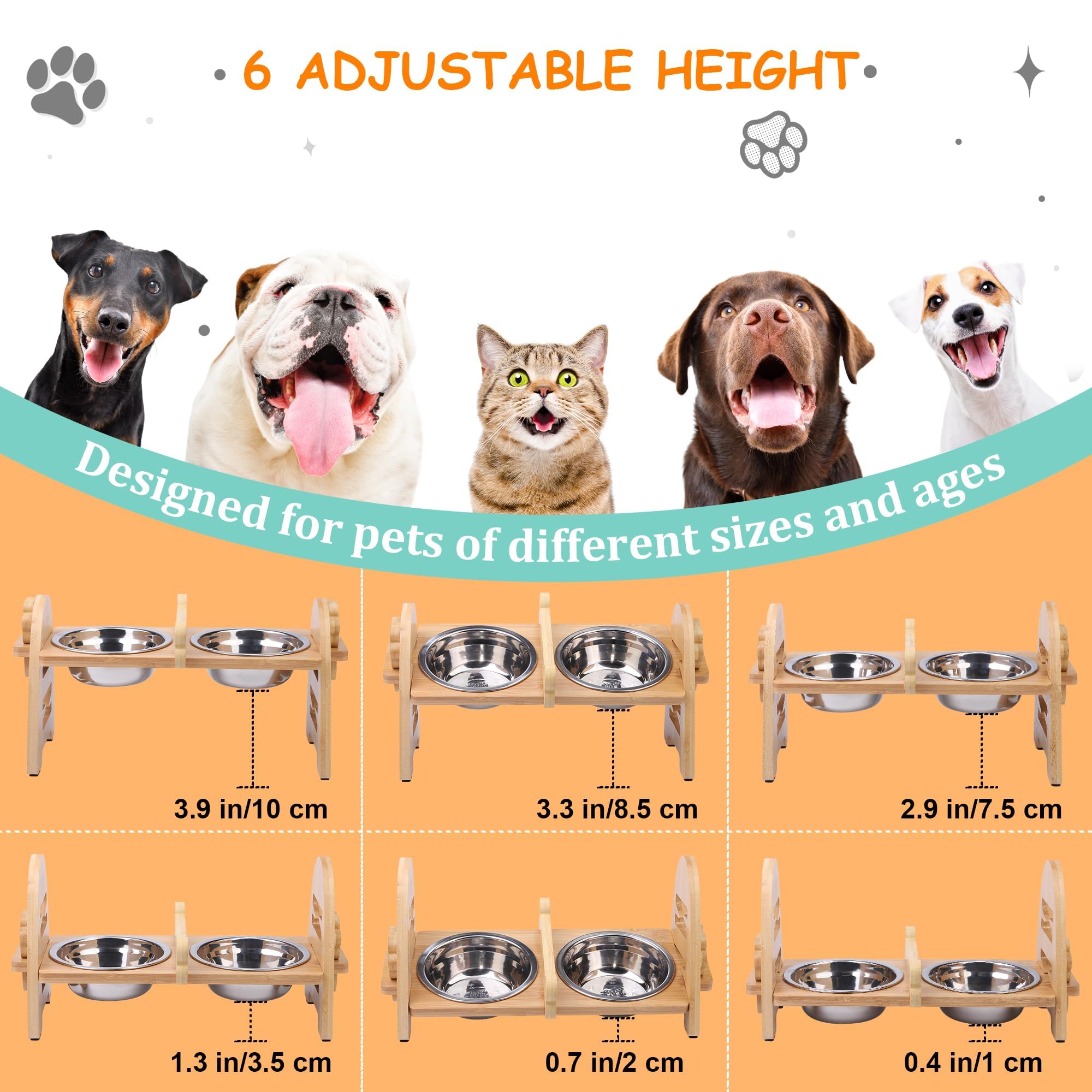 MCEAST Cuencos elevados ajustables para perros con 2 cuencos de acero inoxidable 304 de bambú para mascotas, comedero elevado para perros de tamaño pequeño, gatos y mascotas