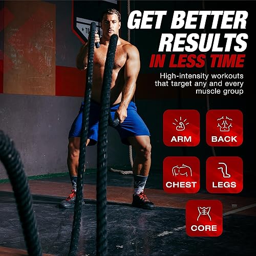 Miniatura 5 de Profect Sports Pro Battle Ropes Cuerdas de combate con correa de anclaje, funda protectora duradera mejorada, cuerda batalla pesada 100% de