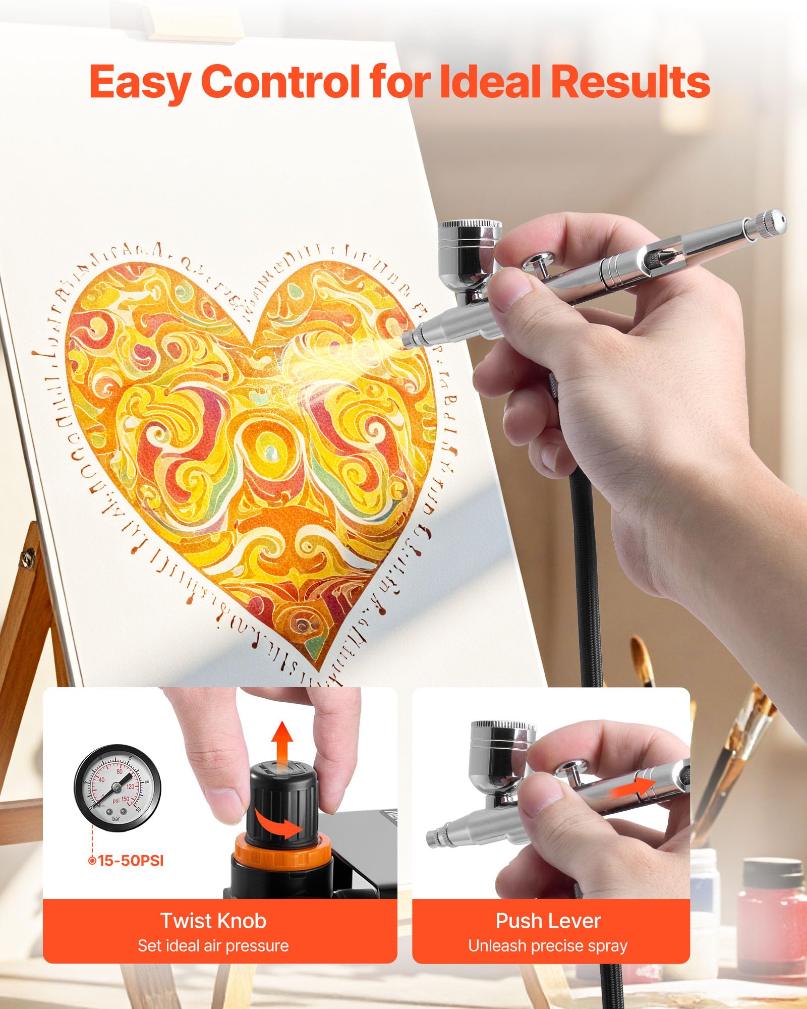 VEVOR Airbrush Set 1/6 PS mit Luftkompressor, 1 Dual Action Airbrush Pistole mit 3 Düsen (0,2/0,3/0,5 mm) & Schlauch & Acrylfarbe & für Kuchendekoration Modellmalerei Nagelkunst geräuscharm
