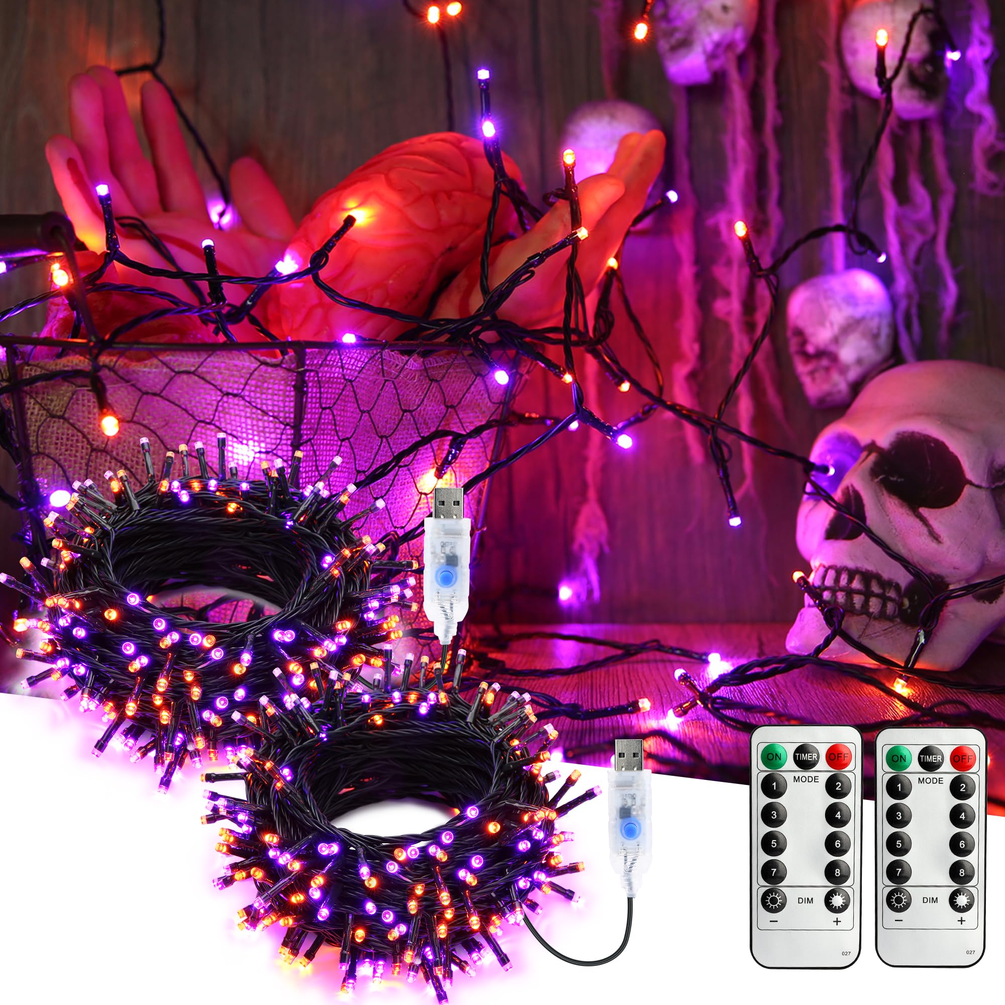 iBaycon Halloween Lights 32ft 100 LEDs USB Powered Halloween String Lights with Remote Control, 8 Lighting Modes for Halloween, Yard, Home, Garden Decoration, Pack of 2