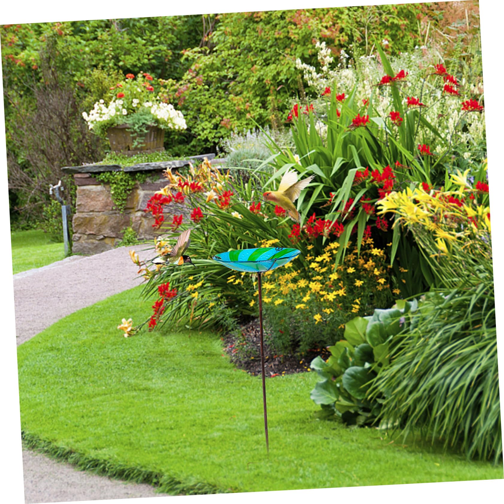 Garten Vogeltränkebecken mit Erdspieß aus Glas und Eisen, Schwarz | Schale zum Füttern und Tränken, für Garten und Zuhause, Geeignet für Kanarienvögel und Papageien
