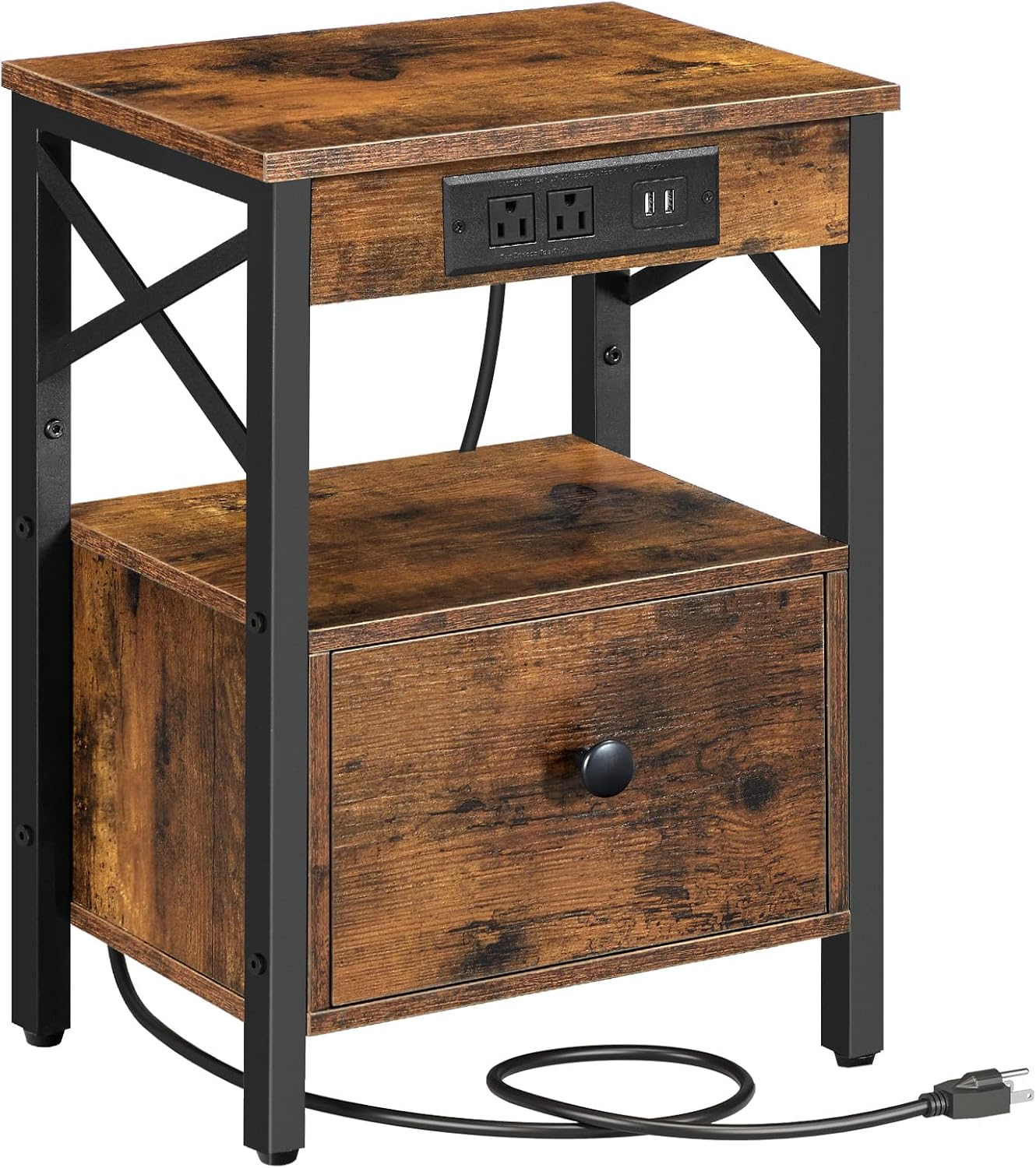 Rustic Brown and Black Metal End Table with Storage