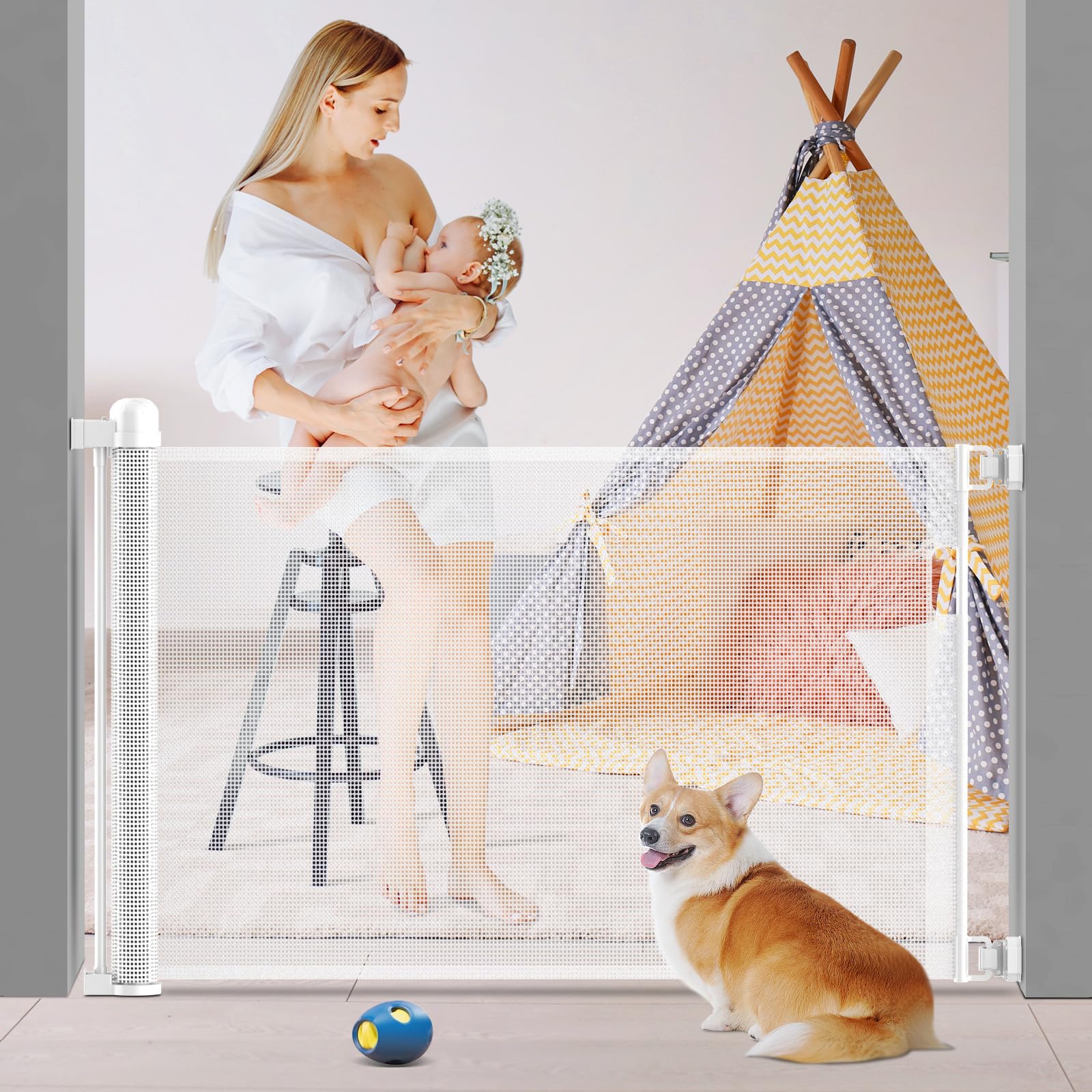 Kidsgiggliz Barrera Seguridad Niños Escalera, 180cm Puerta Seguridad Bebe Extensibles, Barrera para Perros Valla Seguridad Infantil Retráctil Vallas para Escaleras Pasillo, Interiore Exteriore Blanco