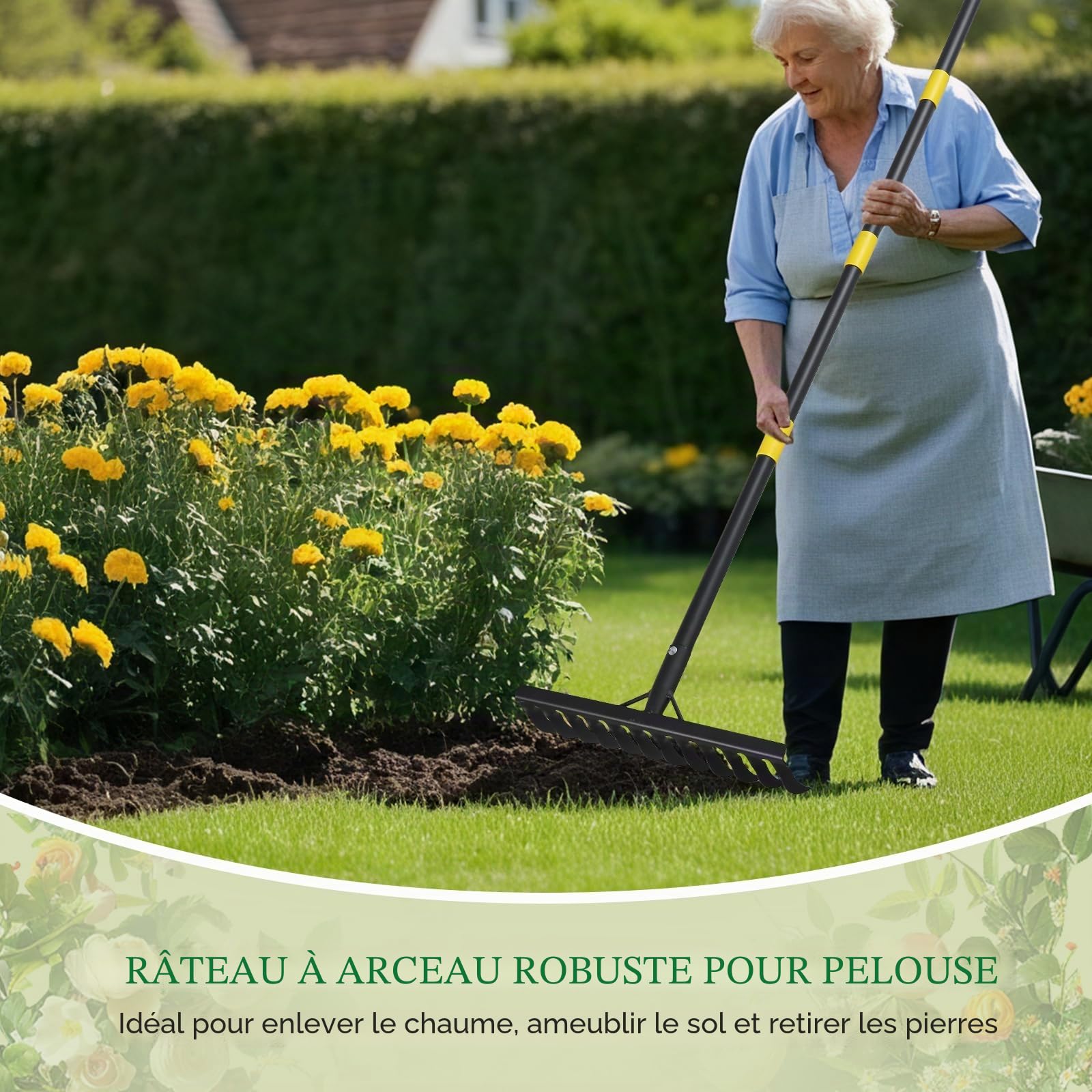 Râteau de Jardin Robuste avec 12 Dents, râteau en métal de 189 cm pour ameublir Le Sol, ramasser Les Feuilles, niveler la pelouse, l'agriculture, la Terre, la Cour, Le râteau de chaume