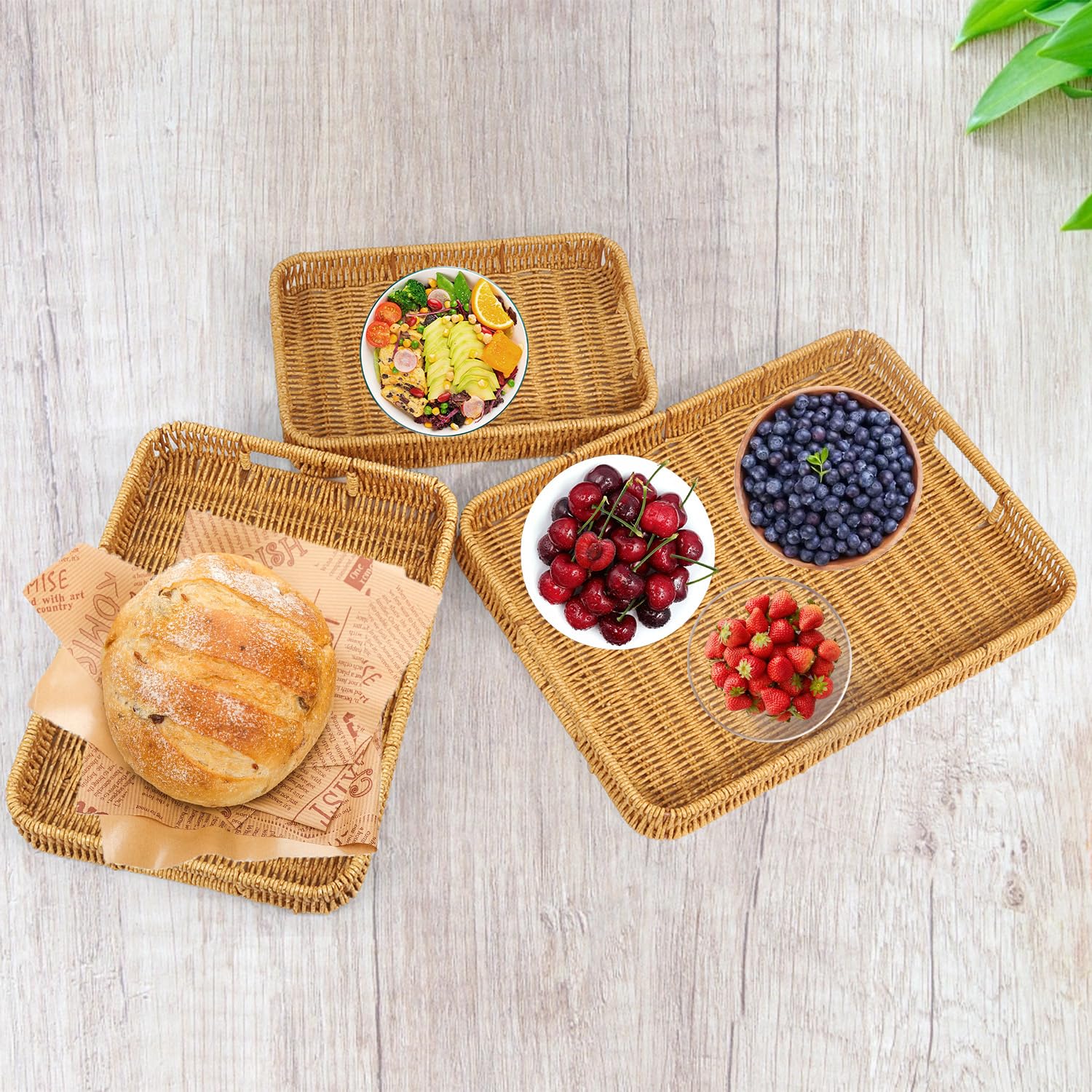 Cesta de pan, paquete de 3 cestas tejidas de mimbre, bandejas tejidas con asas, cestas de pan para servir cestas de pan tejidas para comedor, café, frutas, verduras, 3 tamaños