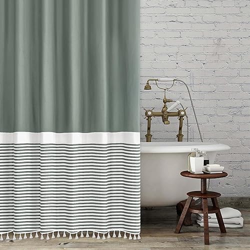 Seasonwood Cortina de ducha verde con borlas blancas, moderna casa de campo, rayas blancas, verde salvia, para baño, 72 x 72 pulgadas, juego de