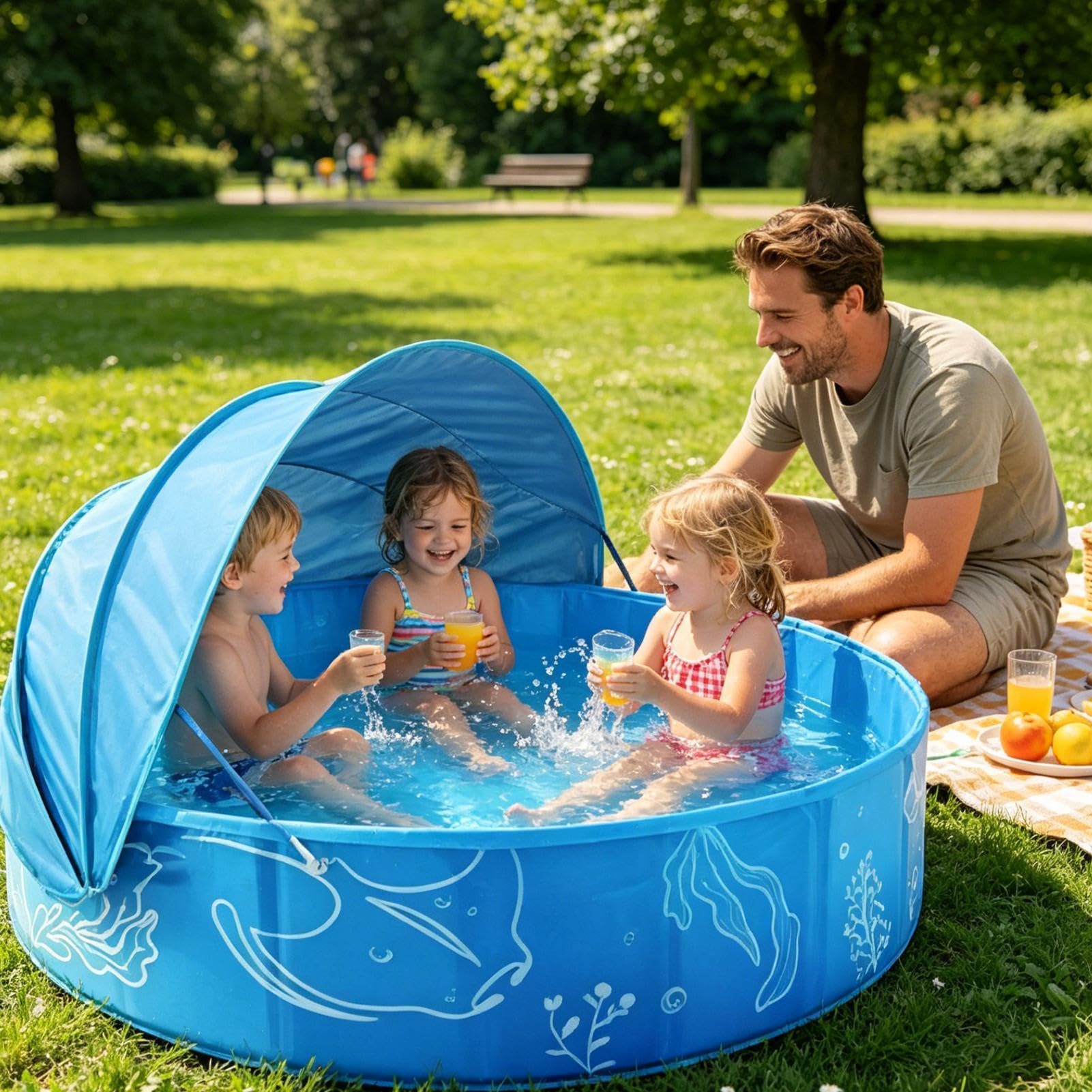Planschbecken mit Sonnenschutzdach | 120 x 30 cm faltbares Sommer-Wasserspielzeug,Planschbecken Für Kinder Mit Sonnenschutz - für Draußen, Park, Mädchen, Garten, Schwimmen,