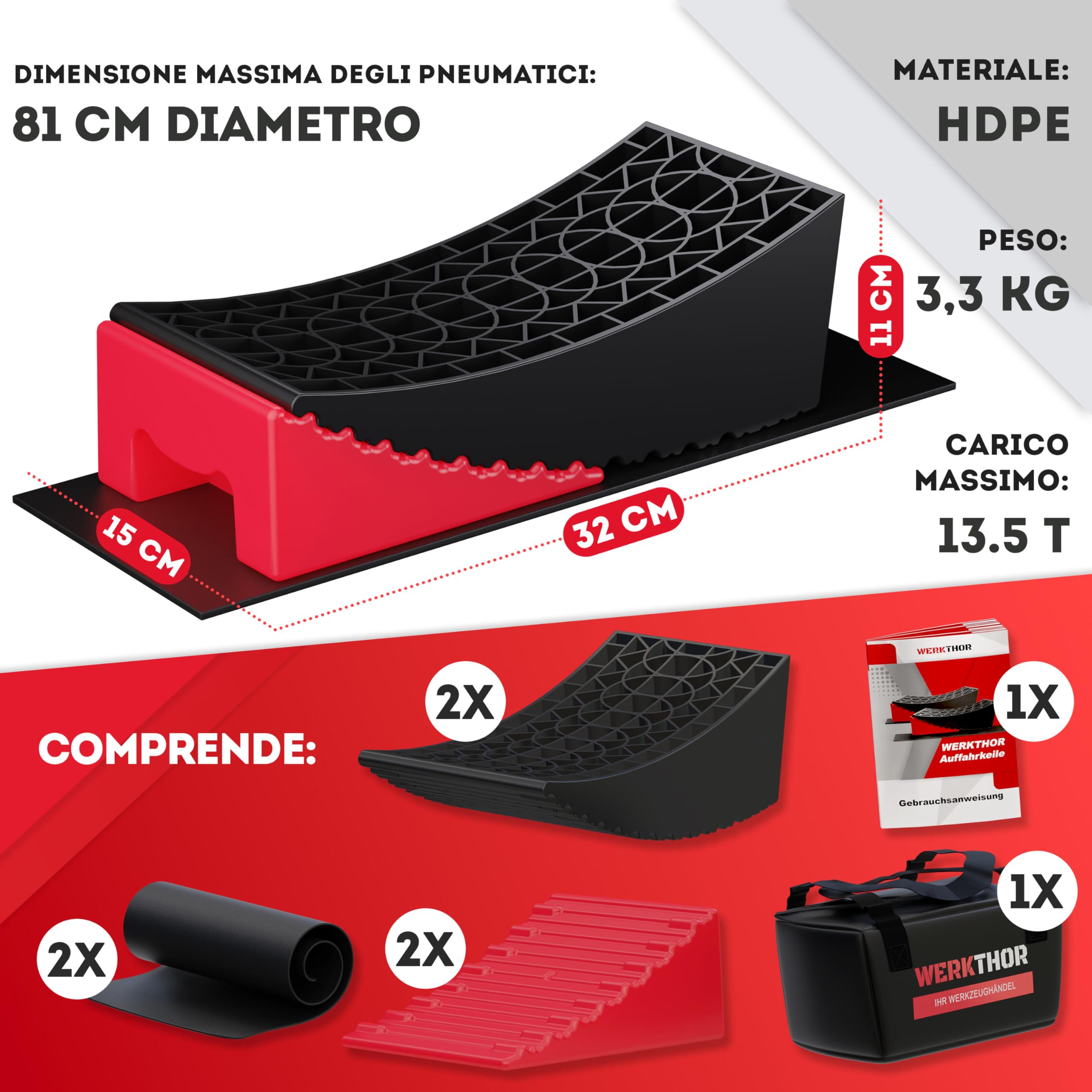 WERKTHOR Cunei per Camper Rosso Set di 2, Collaudati per Caravan e Rimorchi fino a 13,5t, con Borsa di Trasporto
