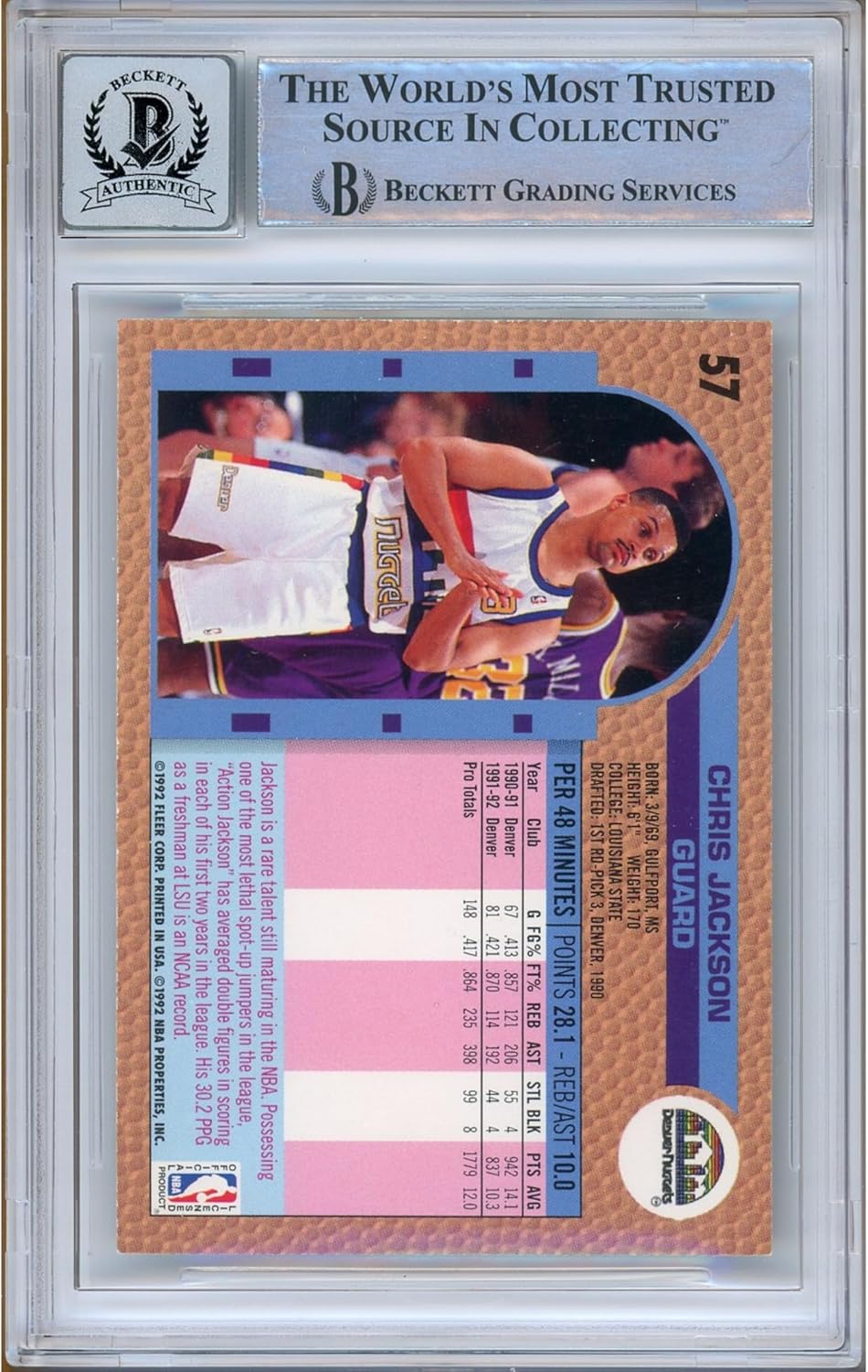 Chris Jackson Mahmoud Abdul Rauf Autographed 1992 1993 Fleer #57 Basketball Trading Card Beckett BGS Auto 10 Graded Authentic Slabbed COA Played For Denver Nuggets NBA