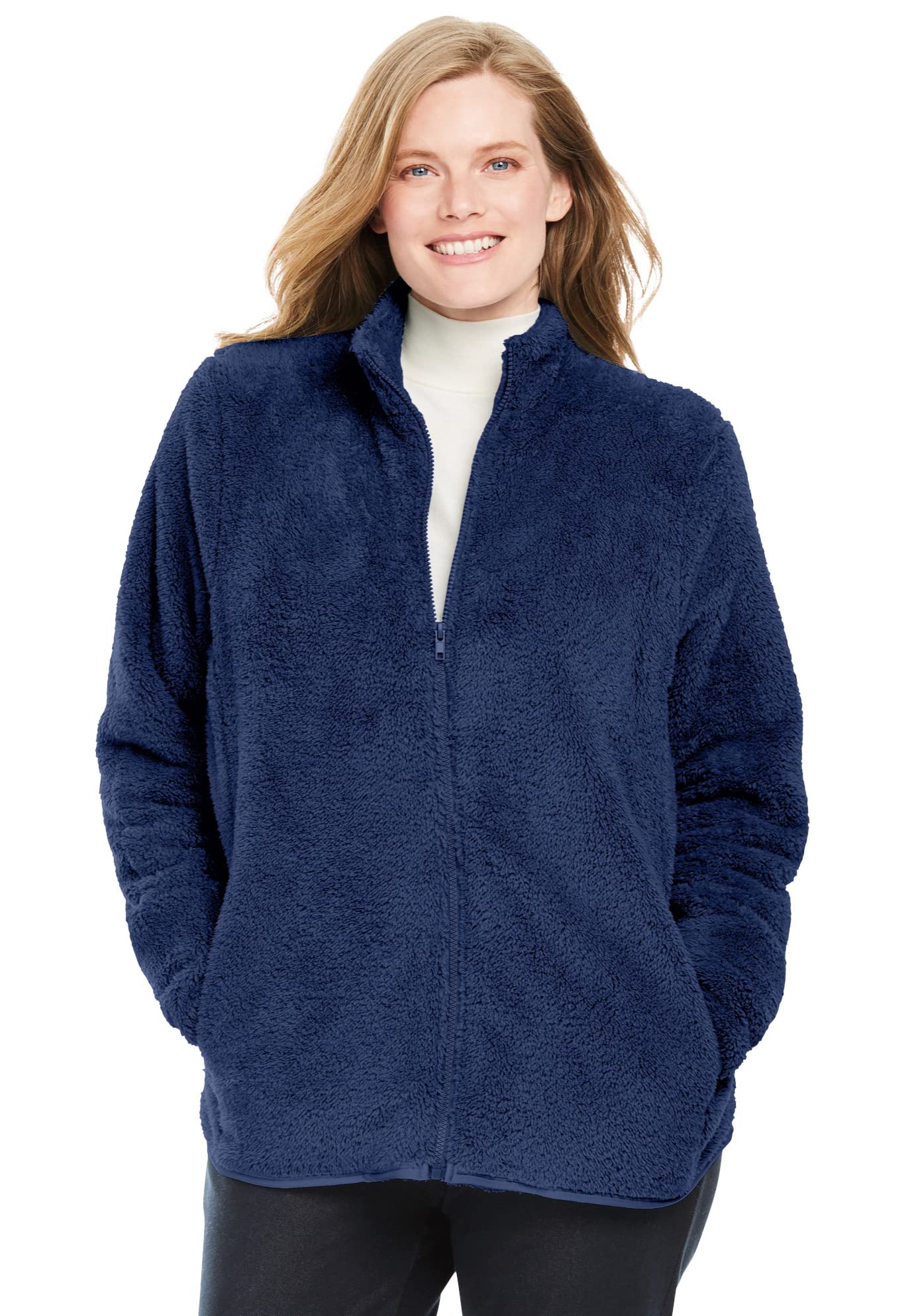 Woman Within Plus Size Fluffy Fleece Jacket Oversized Zip-Up Jacket