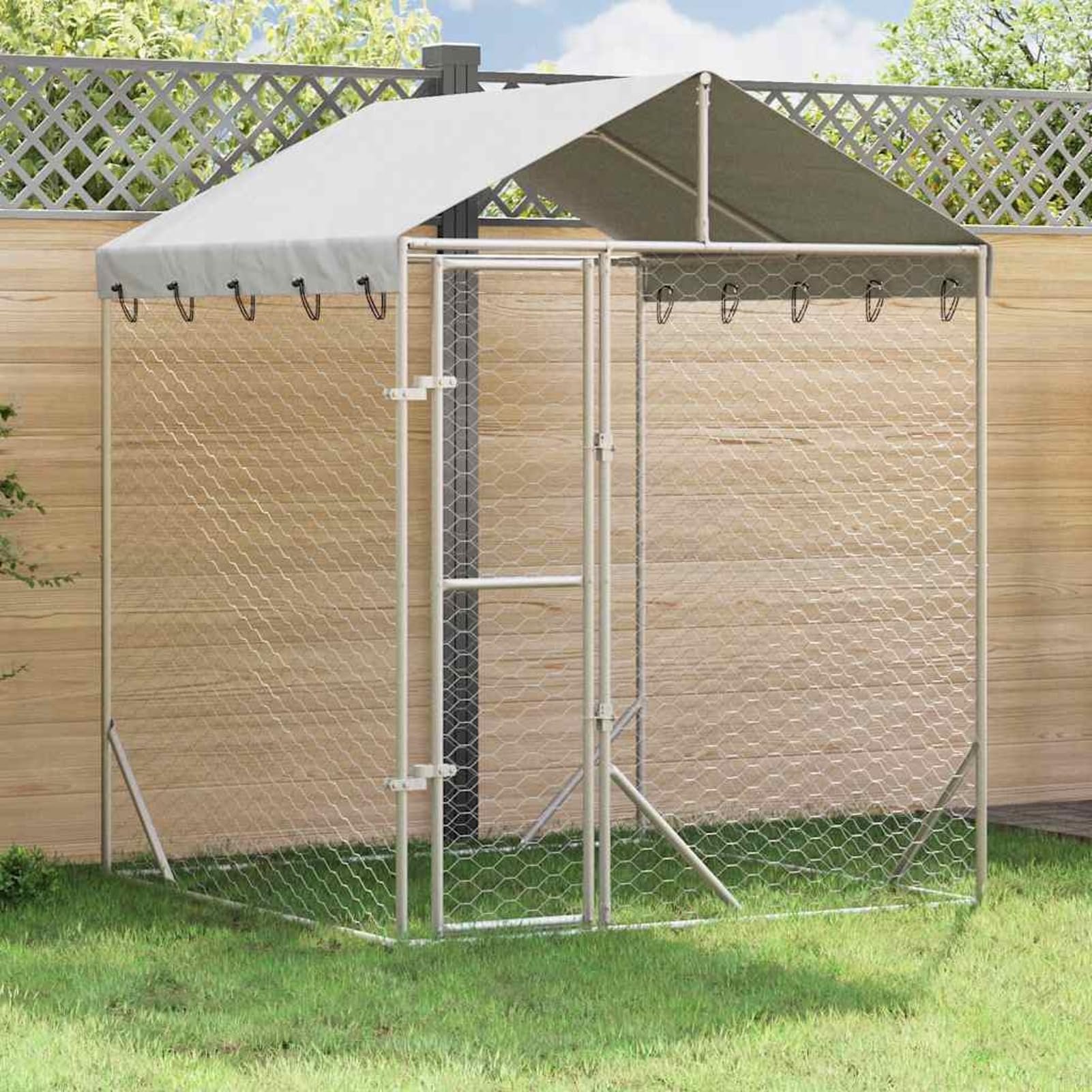 Gecheer Outdoor-Hundezwinger mit Dach Silber 2x2x2,5 m Verzinkter Stahl, Hundezwinger Freilaufgehege für große Hunde Garten Camping Outdoor153675
