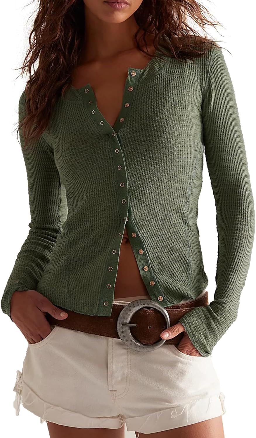 Long Sleeve Button Down Shirts for Women Cute Tops Fall Cardigan Sweater Waflle Knit Tops