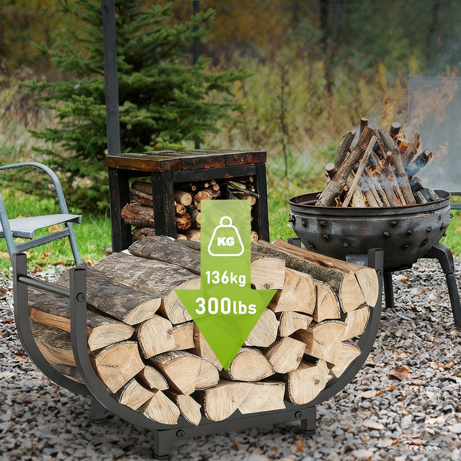 Leñero de Metal, Leñero Interior Curvo, Leñeras de Exterior, Capacidad de Carga 136 Kg, Leña para Chimenea y Patios