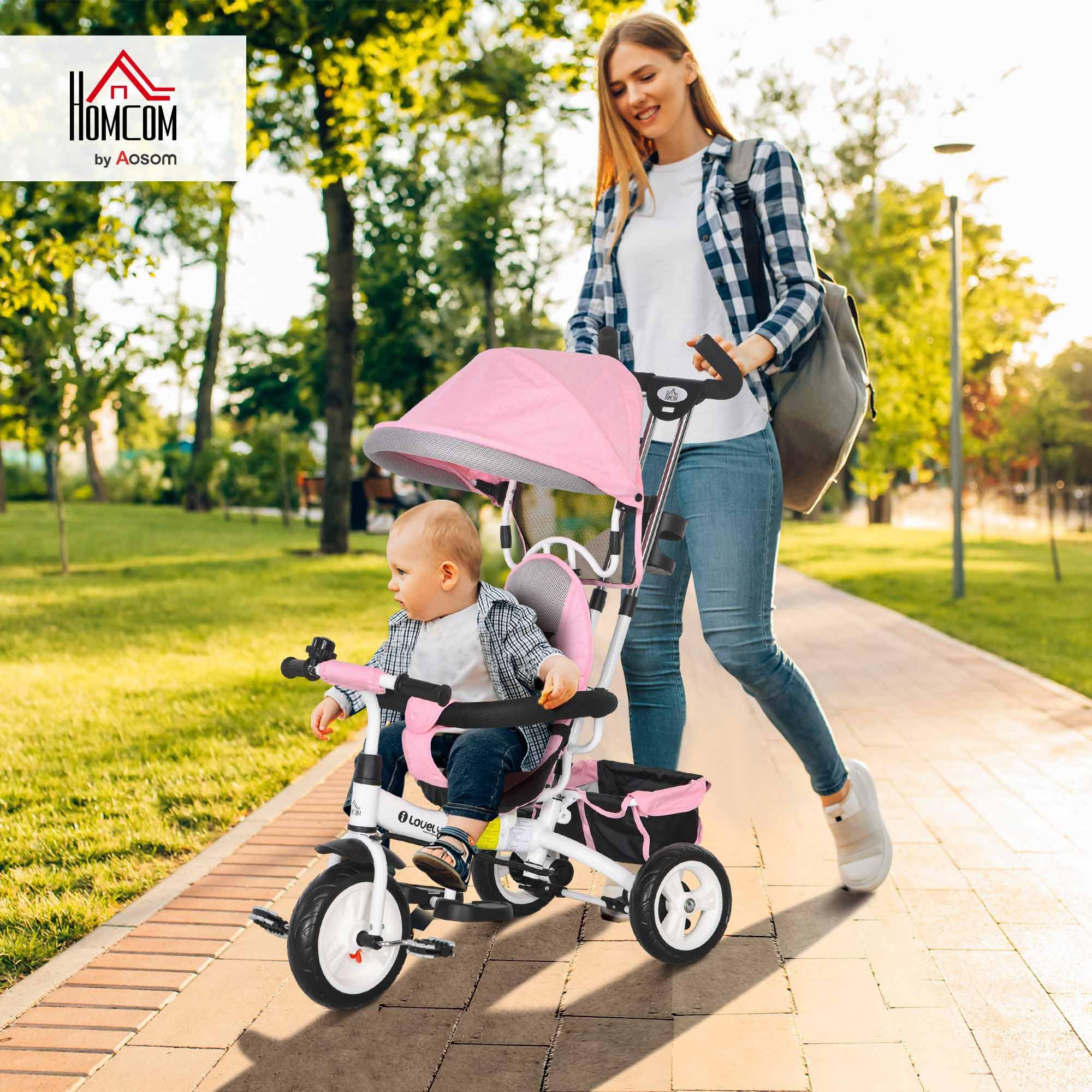 HOMCOM Dreirad 6-in-1 mit Schubstange für 1-5 Jahre Kinder bis 25kg, Kinderdreirad mit Vorwärts und Rückwärtsfahrt, Korb Getränkehalter Sonnendach, Rosa