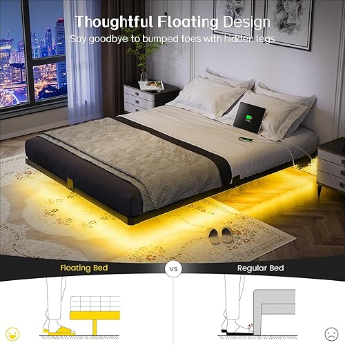 Miniatura 3 de OLEVS Base de cama flotante de tamaño matrimonial con luces LED inteligentes y estación de carga, cama moderna de plataforma de metal, fácil