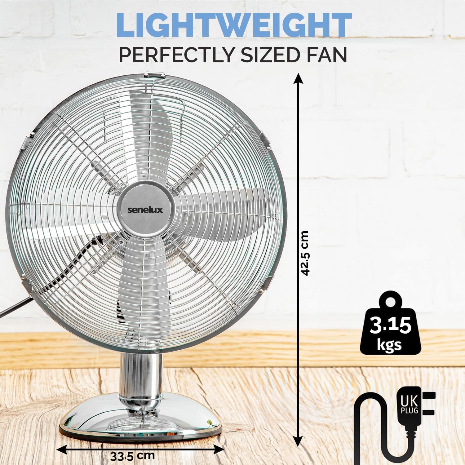 Senelux 30 cm (12 Zoll) Chrom-Tischventilator, 3 Geschwindigkeitsstufen, leiser Betrieb, oszillierend, stabiler Standfuß, Tisch-/Nachttischventilator, Retro-Chrom-Design, ideal für Zuhause und Büro