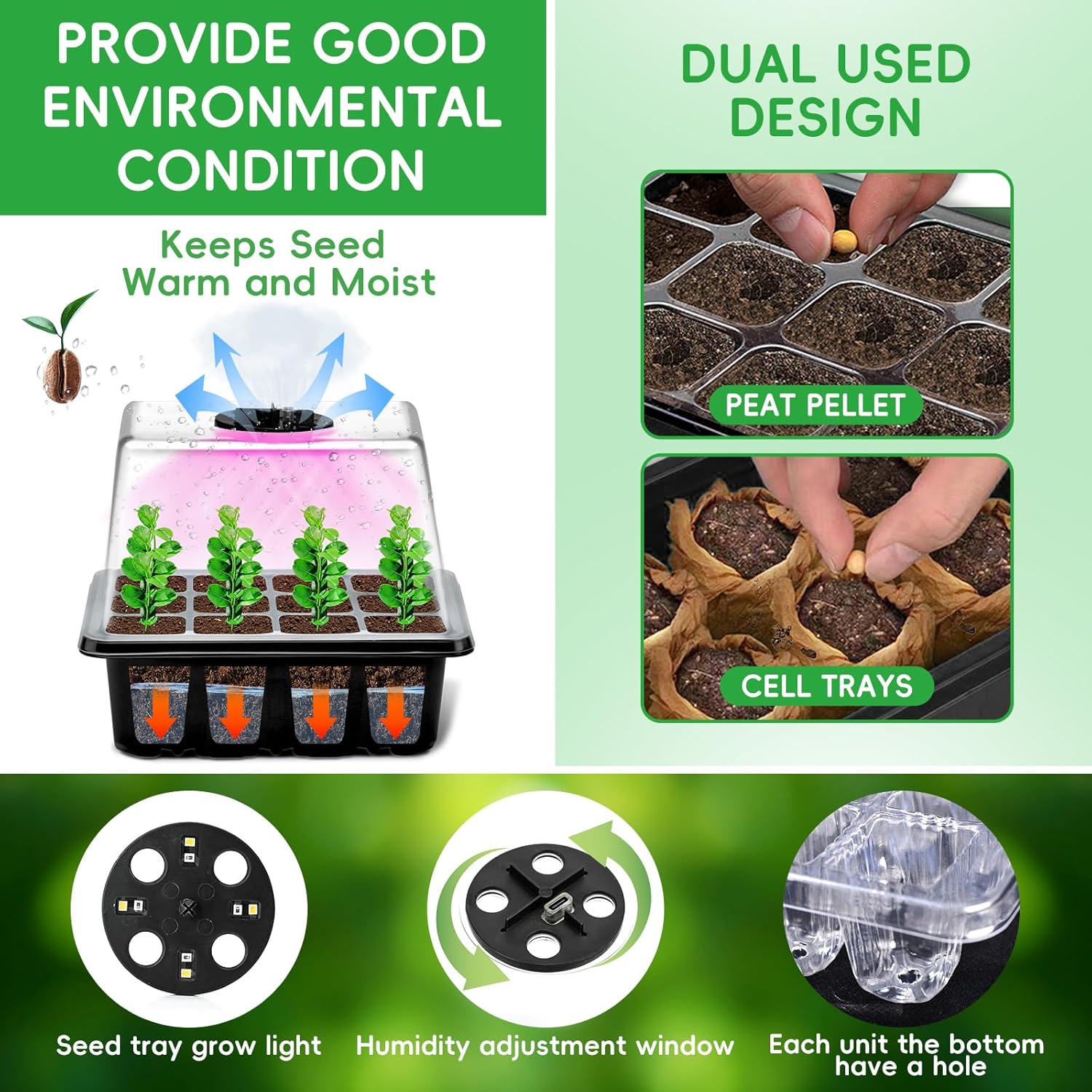 YAUNGEL Seed Starter Tray with Grow Light, 5 Pack Seed Starter Kit with Heat Mat, Seed Tray with Timing Controller Adjustable Brightness and Humidity Domes Heightened Lids, Black - Image 4