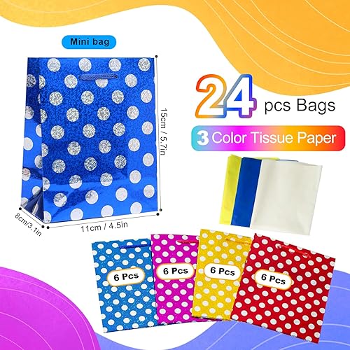 Miniatura 7 de LWBDD Paquete de 24 mini bolsas de regalo a granel con asas y papel de seda, tamaño pequeño para niños, regalos de fiesta con purpurina, bolsa de