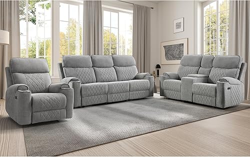 Miniatura 13 de EBELLO Juego de sofá reclinable eléctrico, sillón reclinable eléctrico de tela y sofá de 3 plazas con portavasos, puertos de carga USB Tipo-C y Gris