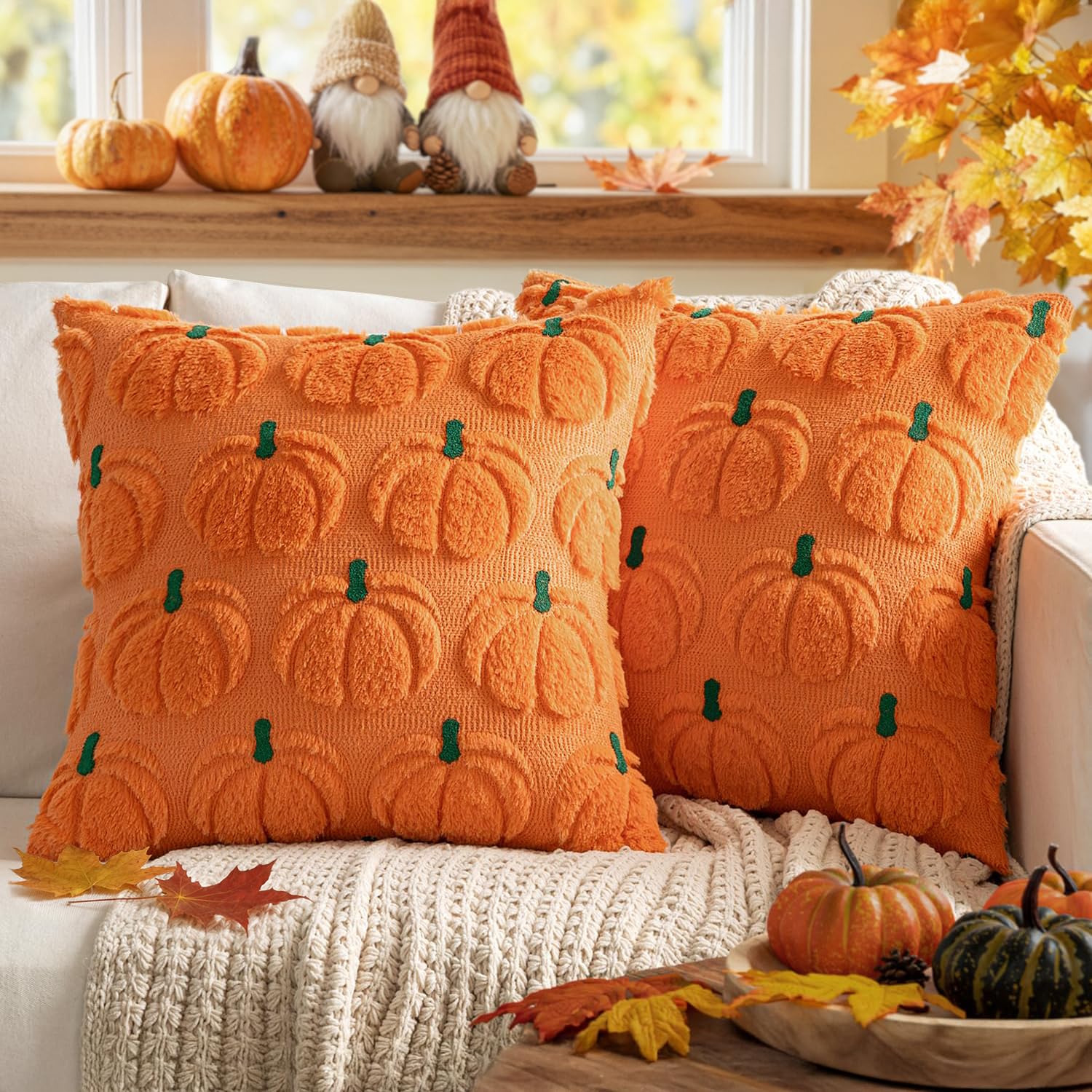 MIULEE 2 Pack Fall Cushion Covers 45x45 Autumn Pumpkin Orange with Green — image 1
