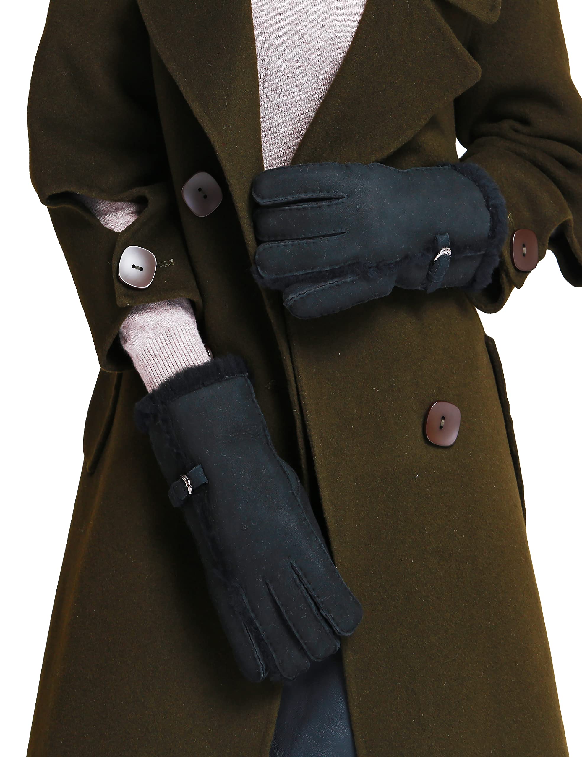 YISEVENWomen's Merino Rugged Sheepskin Shearling Leather Gloves Mittens Sherpa Fur Cuff Thick Wool Lined and Heated Warm for Winter Cold Weather Dress Driving Work Gifts, Black M