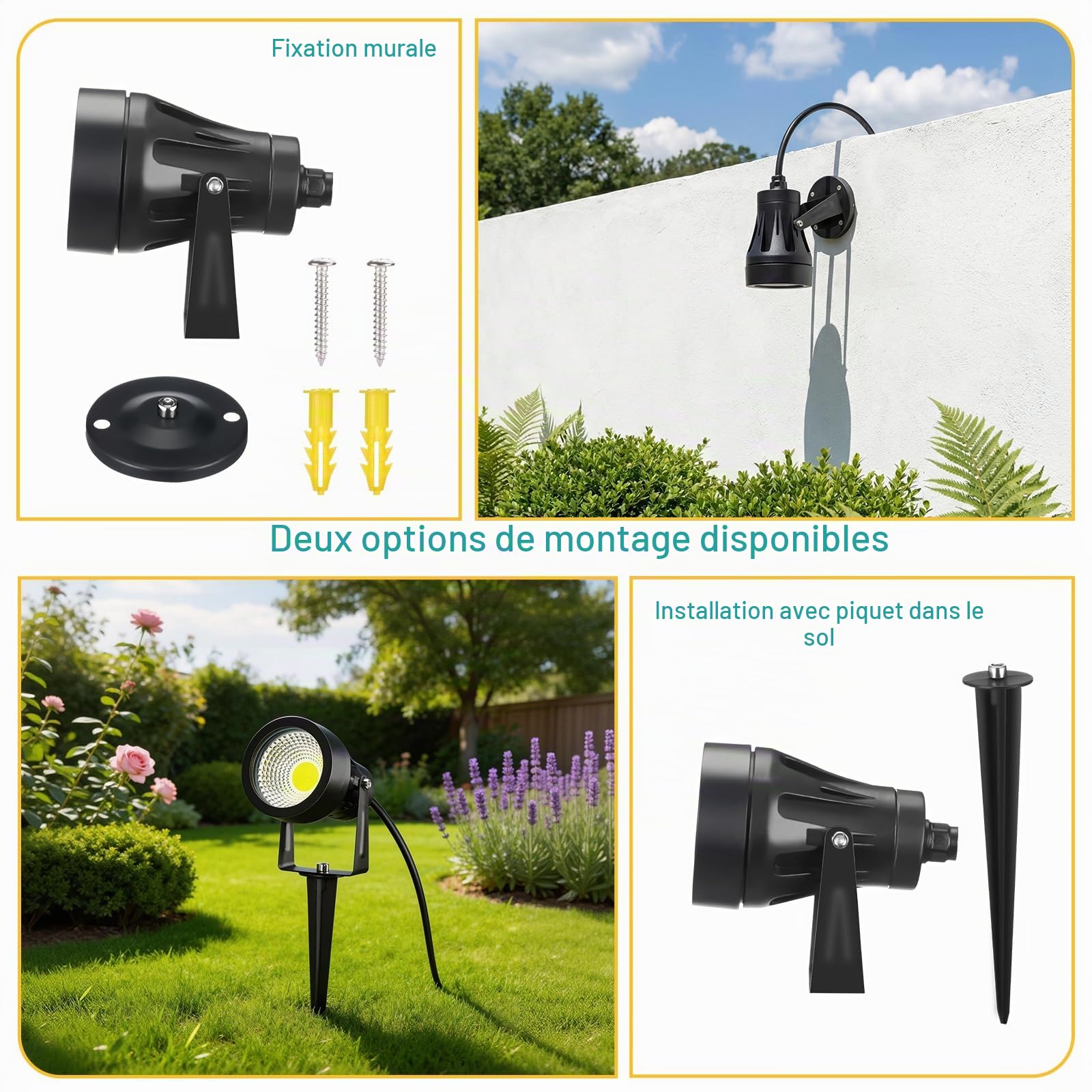 7W Spot LED Extérieur avec Piquet, 700lm Ultra-Lumineux Lampe Jardin, IP65 Lumiere Exterieur, 3000K Lumiere pour Murs, Terrasses, Arbres et Allées, 2 Pièc
