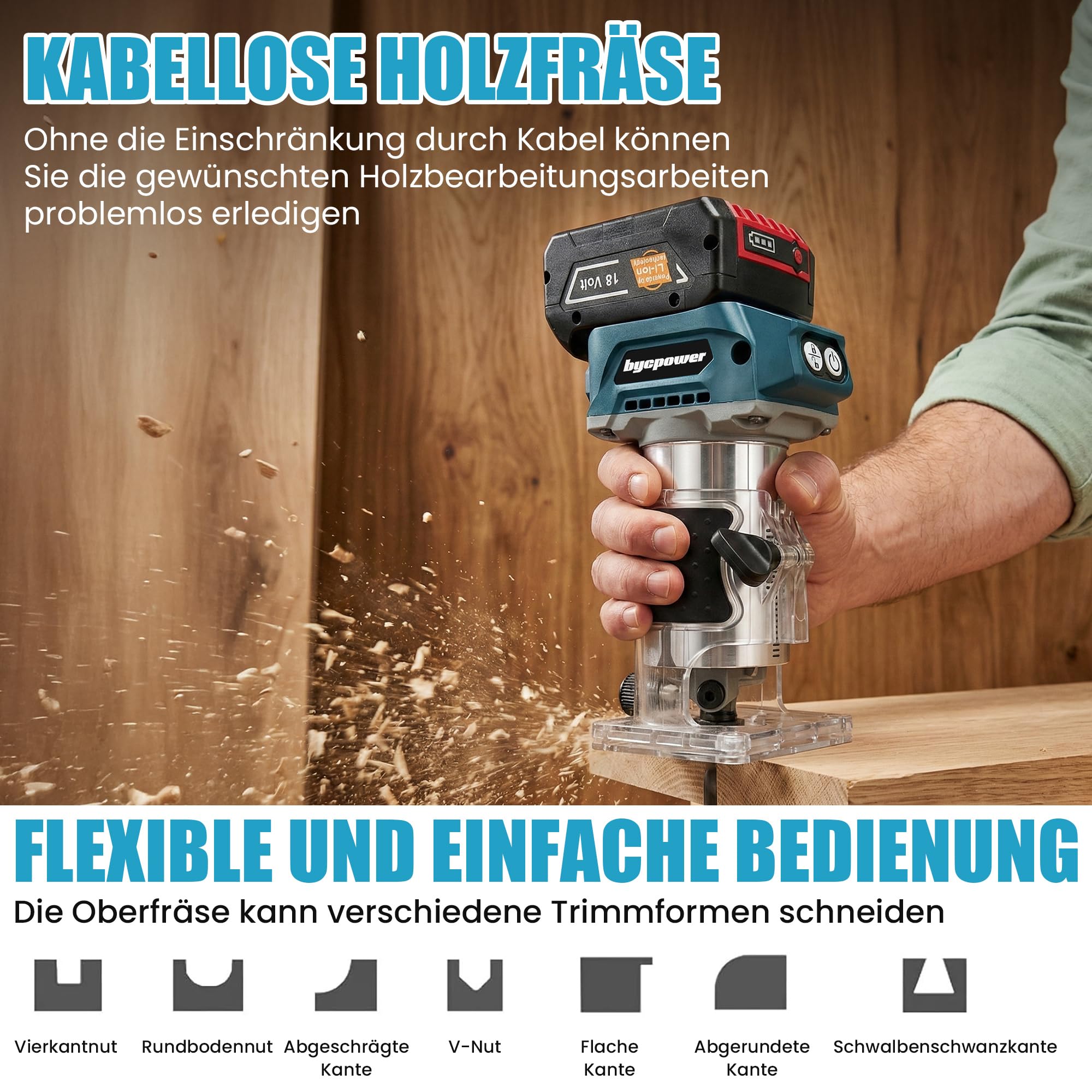 Akku Oberfräse für Bosch 18V Akku, 30000 RPM Bürstenloser Motor, 5-Stufen Kantenfräse, Kabellose Holzfräse mit 6,35mm Durchmesser, mit 15pcs 1/4" Fräser für Holz & Kunststoff (ohne Akku)