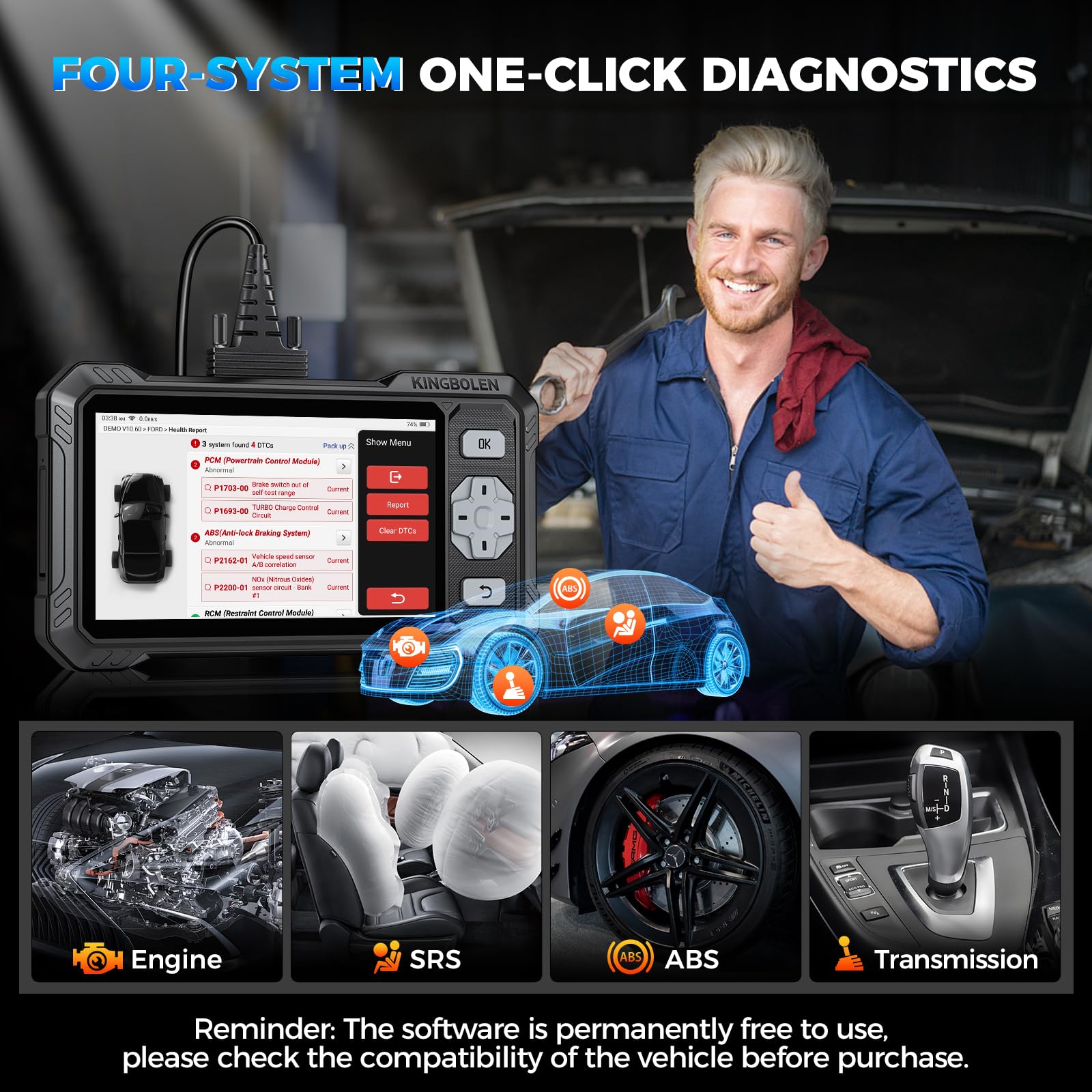 KINGBOLEN S608 Diagnosi Auto in Italiano, Bidirezionale OBD2 Auto Diagnostica, Diagnosi di 4 Sistemi (ECM/TCM/SRS/ABS), 9+ Reset, FCA SGW, CANFD, Aggiornamento a vita