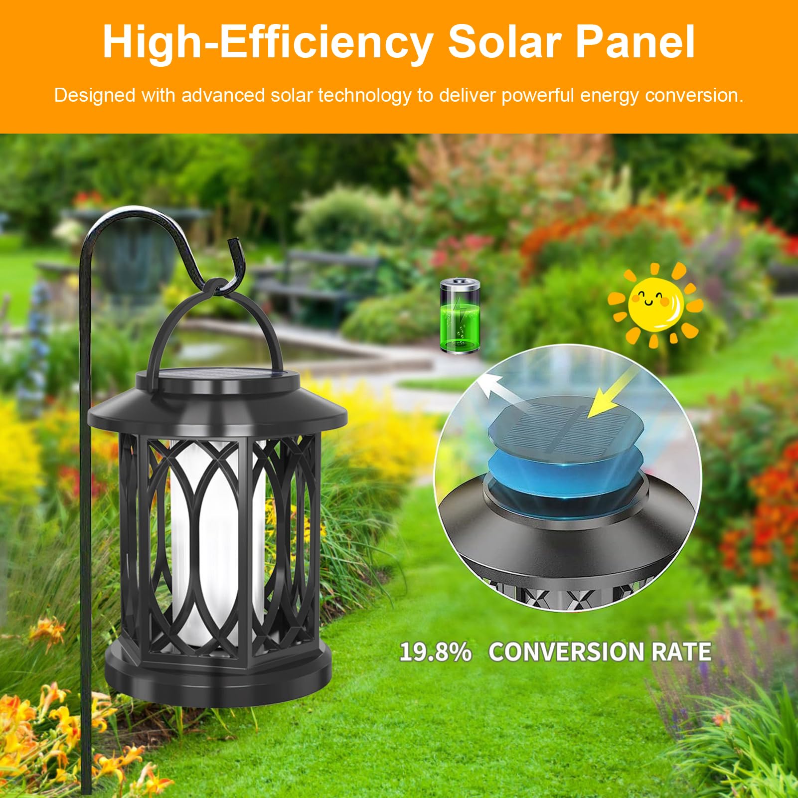 Paquete de 2 luces solares colgantes, linterna solar para exteriores con efecto de llama parpadeante, panel solar monocristalino, IP65 resistente a la intemperie, de atardecer a