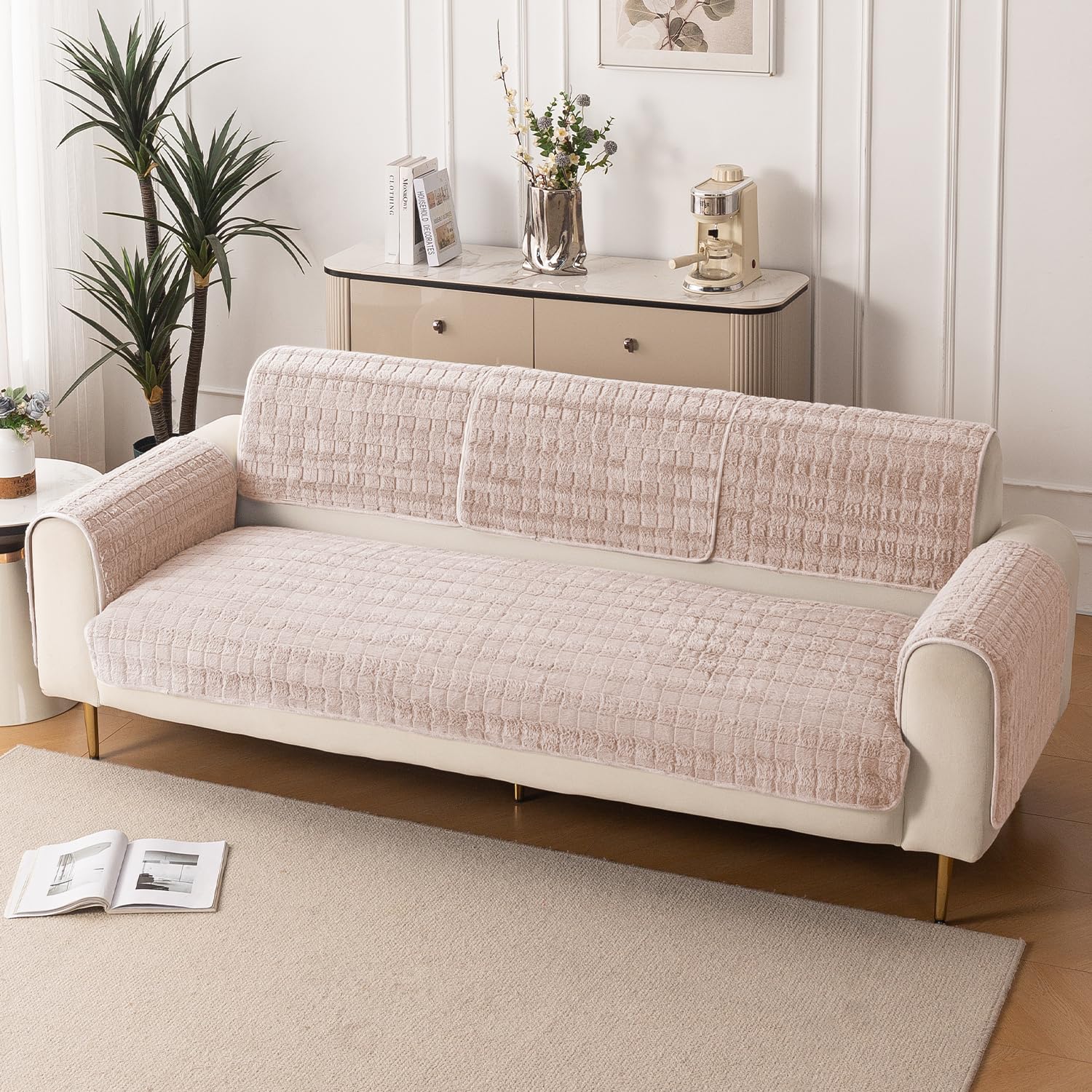 HOKIPO ‘Plush Haven’ Premium Anti-Slip Complete Sofa Cover Set (Seat+Back+Arm) for 3 Seater Sofa | Soft Fluffy Plush Fabri...
