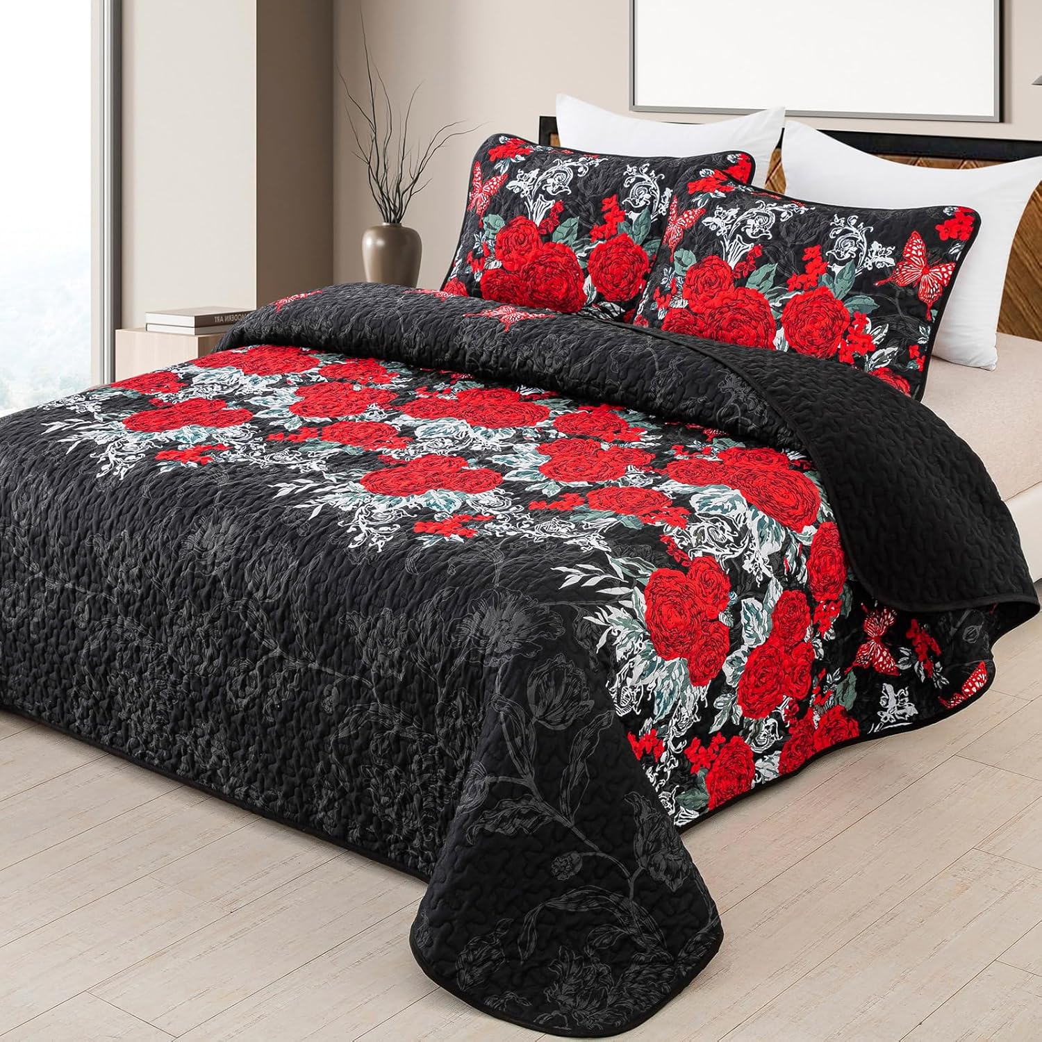 Yiran Black Floral Quilt Set Queen Size Summer Botanical Bedspreads Bedding Set 3 Pieces Lightweight Rose Flowers Printed Coverlet with 2 Pillow Shams for All Season 96x90 Inch - Image 2