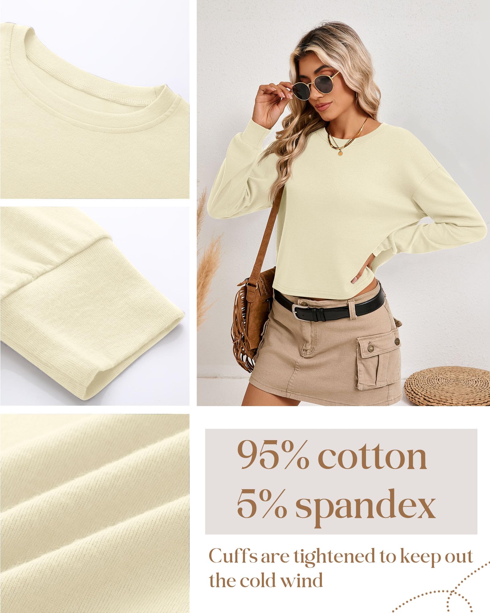 Ficerd Lot de 3 Hauts à Manches Longues Dame Court pour Femme | Manches Longues Décontractés, Oversize Col Rond Chemisier de Case pour Femme, Tee Shirt Sport Yoga