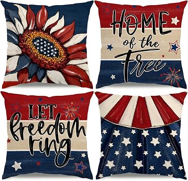 4th of July Pillow Covers 18x18 USA Flag Sunflower Stars Independence Day Decorations Let Freedom Ring Striped Patriotic Throw Pillow Covers Memorial Day Cushion Case for Sofa Couch Set of 4