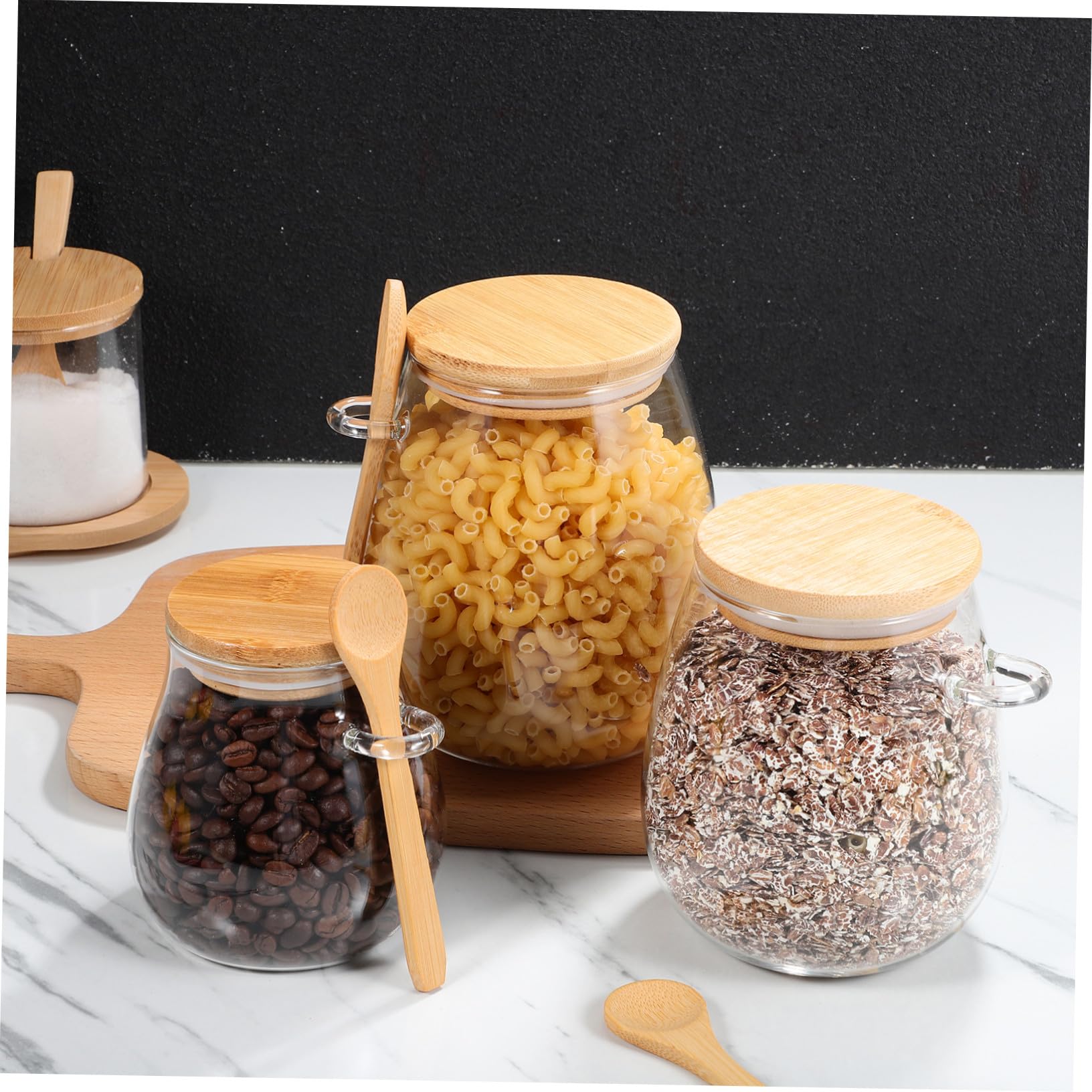 Cabilock 3 Stück Glasbehälter mit Holzdeckel und Löffel Elegante Glasvorratsgläser zur Aufbewahrung von Tee und Gewürzen für Küche und Schrank