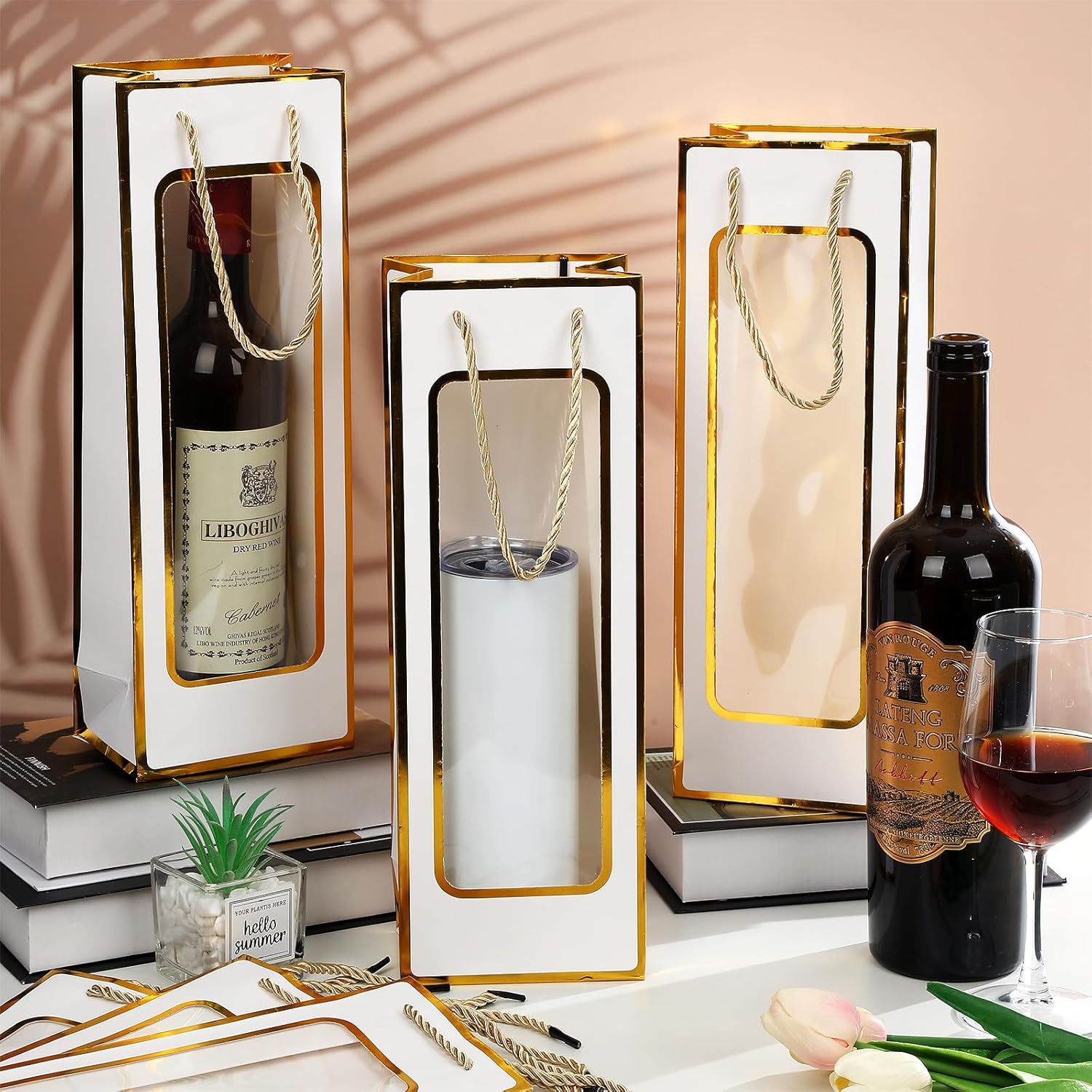 Yeaqee 50 Pcs Wine Gift Bags for Bottles 4.92" x 3.35" x 14.2" Reusable Clear Window Wine Bottle Bags Bulk with Handles for Weddings, Birthday