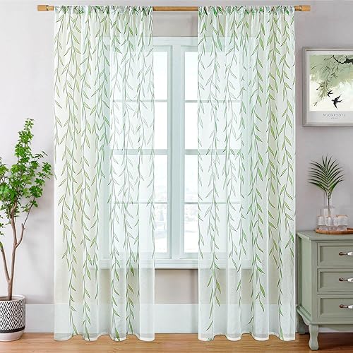 Miniatura 7 de Cortinas transparentes con patrón de hojas, 2 paneles de cortinas blancas transparentes con estampado de vid, estampado verde sobre blanco, cortinas
