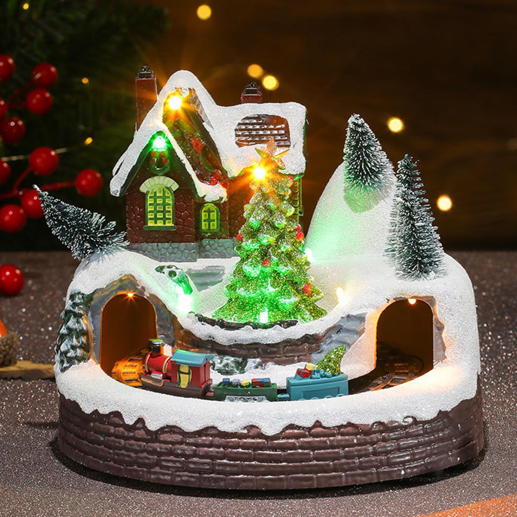 Figuras de Pueblo navideño con Tren Giratorio y árbol de Navidad Casa de Pueblo navideño de Resina con música y luz LED para decoración del hogar de Fiesta