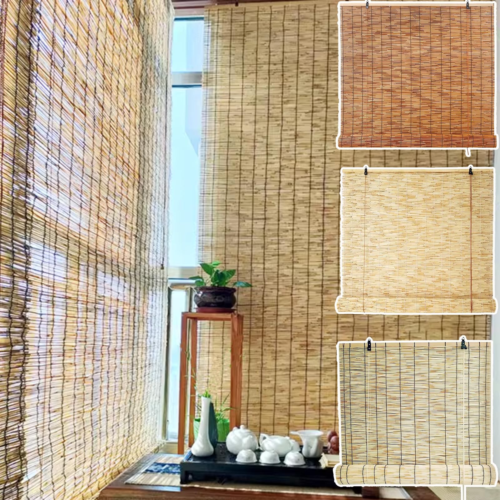 Zajenkub O-0180 Bamboo Blinds Outdoor Natural Roller Blinds Waterproof Roman Blinds For Windows Sunshade 60 80 100 120 140 160Cm Wide Reed Curtains For Kitchen Patio Garden Doorways