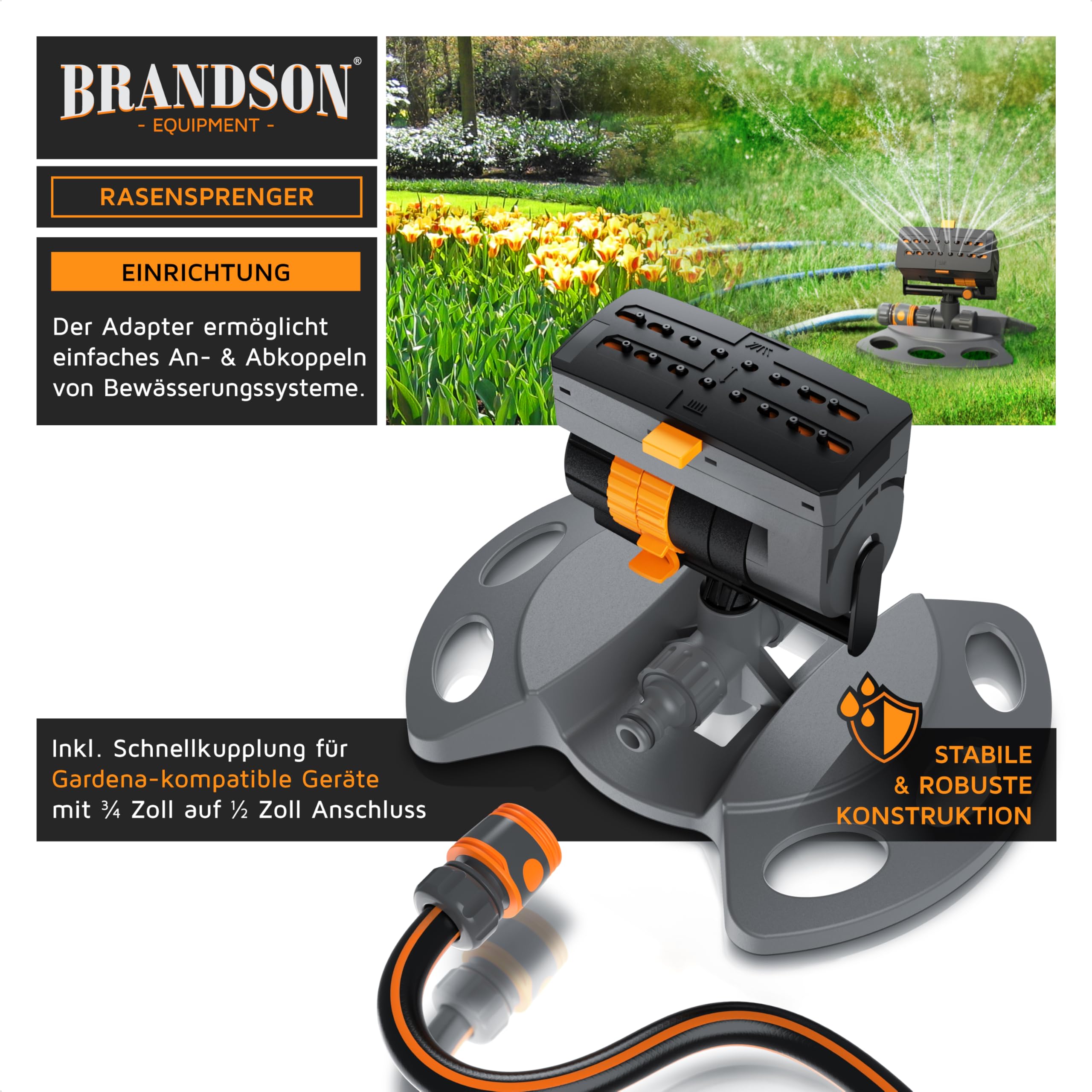 Brandson - Rasensprenger mit 16 Düsen für große Flächen – 3/4 Zoll Viereckregner - Sprühmuster einstellbar von parallel bis gefächert - Oszillation – Garten Rasensprinkler - 3