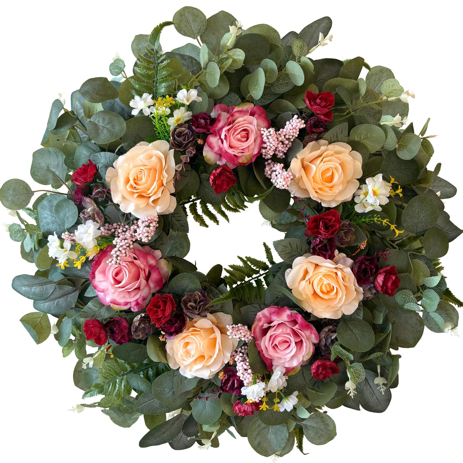 WANNA-CUL 24 Inch Large Spring Rose Wreaths for Front Door,Spring Door Wreath with Pink and Wine Red Floral with Eucalyptus Leaves for Wedding, Mothers Day Wreath Gifts Decorations