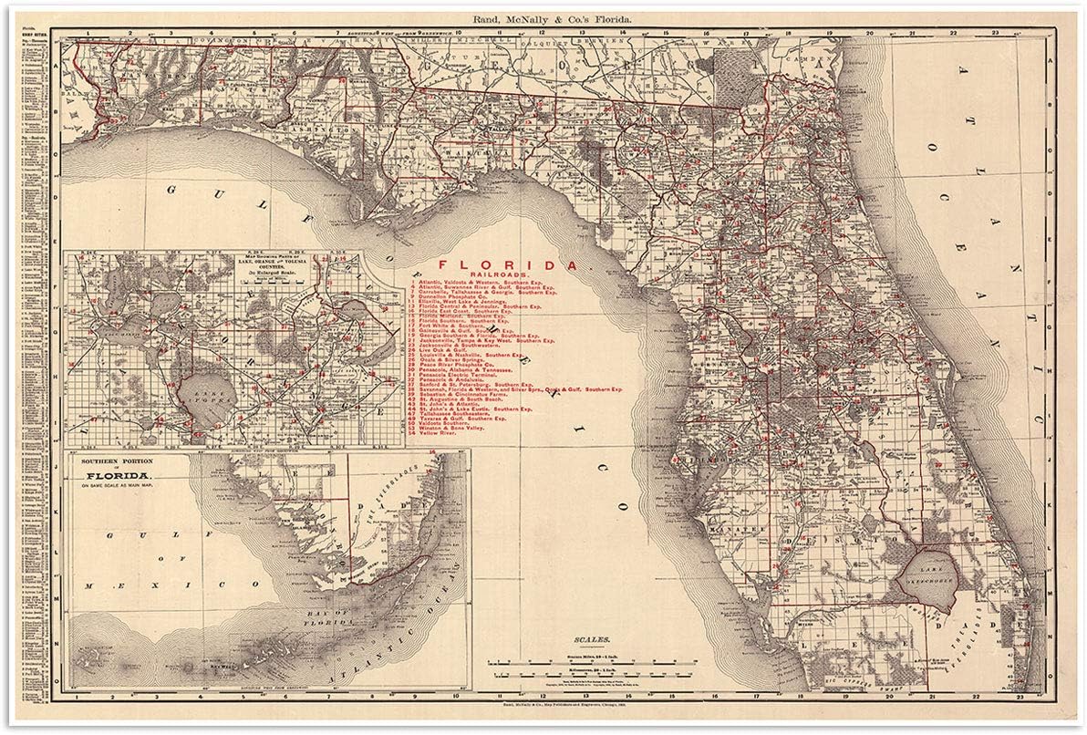 Florida County, Township & Railroad Shippers Guide circa 1900 | Shows Cities, Villages, Post Offices, Lakes and Rivers | Art Print Poster Vintage Wall Decor | 24 x 36 inches (610 x 915 mm)