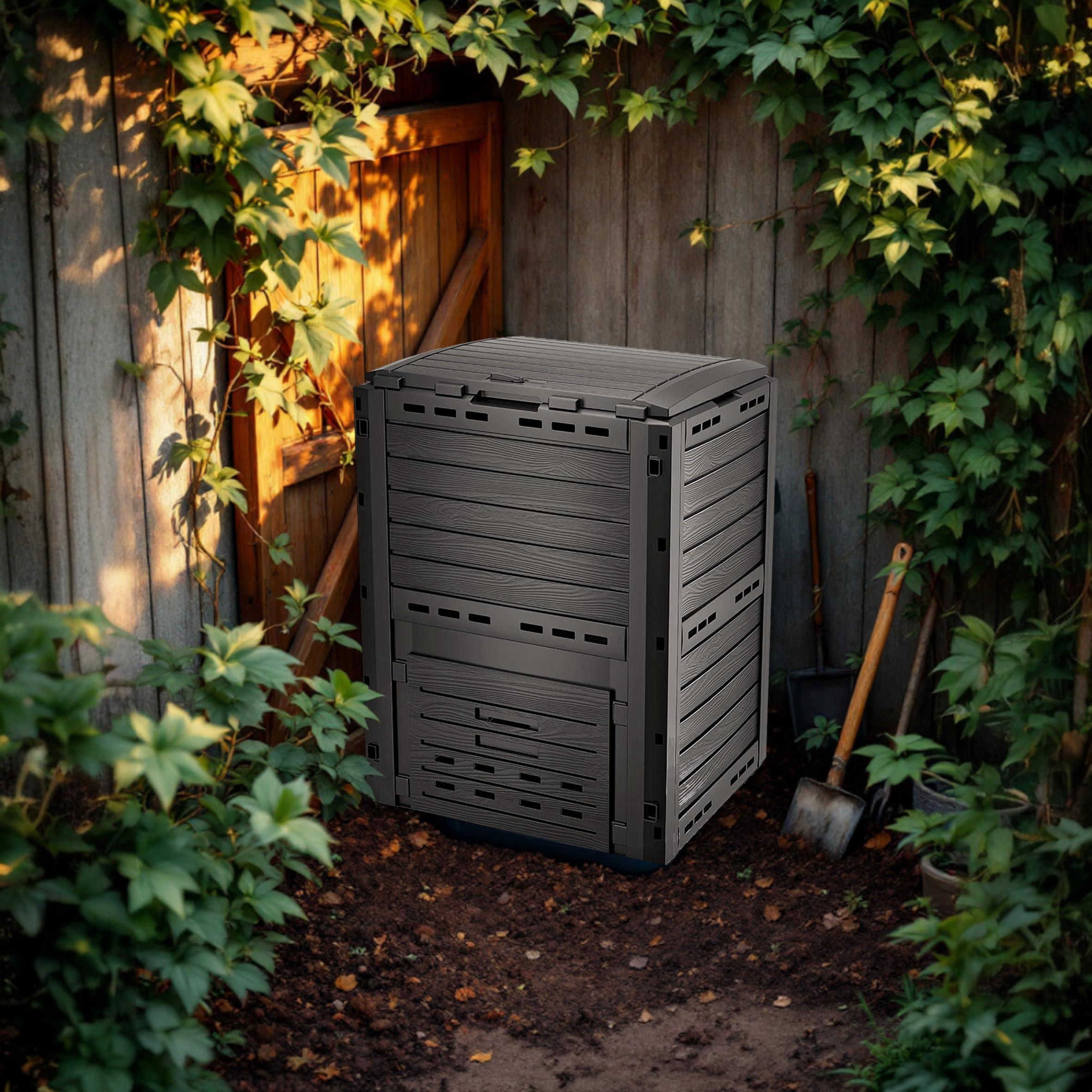 Spetebo Kunststoff Kompostierer 81 x 61 cm anthrazit - 280 Liter - Komposter mit Deckel und Entleerungs Luke - Garten Abfall Bio Müll Kompost Behälter