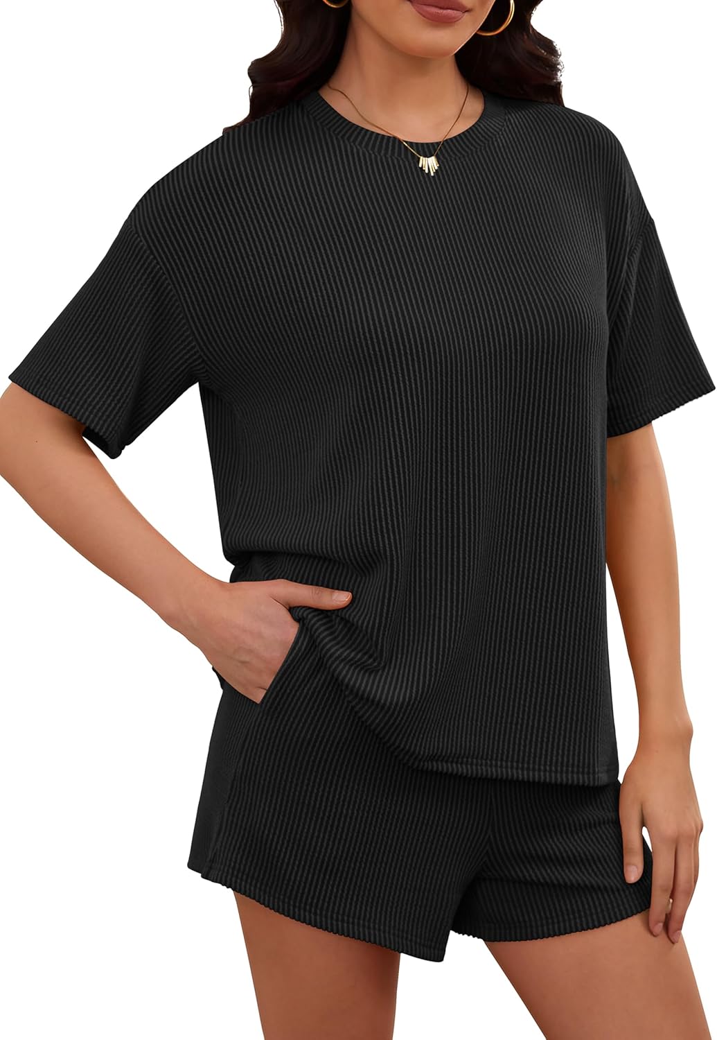 RUBZOOF Women's 2 Piece Sets Short Sleeve Outfits Ribbed Textured Knit Lounge Shorts Set Oversized Tracksuit Matching Sets - Image 2