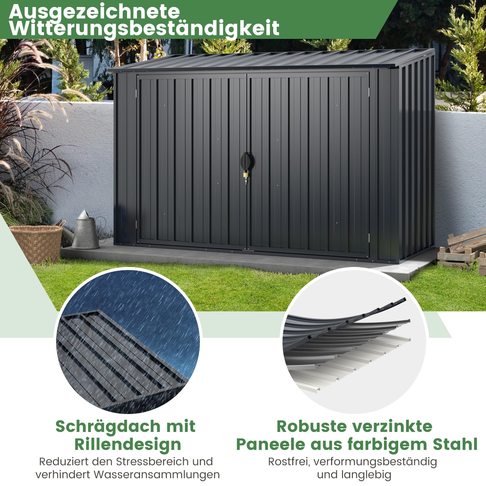 COSTWAY Mülltonnenbox für 2 x 120 L Mülltonnen, wetterfester Gartenschuppen mit abschließbarer Tür, Outdoor Geräteschuppen aus Metall, Gerätehaus für Fahrrad, Werkzeug