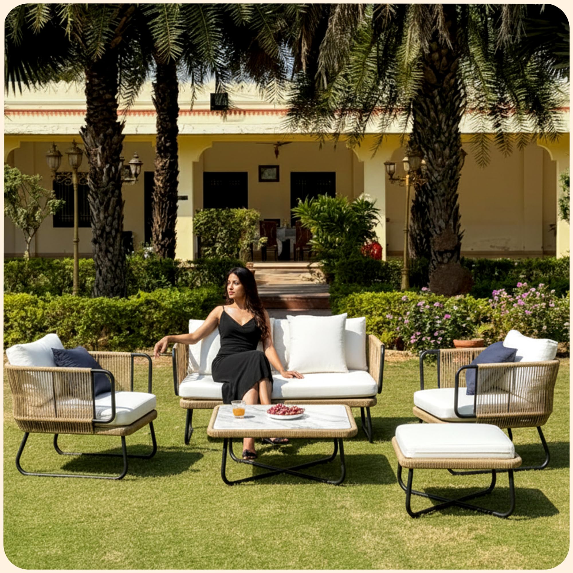 Mymigos Outdoor Rope Sofa Set | Balcony Sofa | Patio Conversation Sets | Braided Rope Garden Sofa Set and Table (5 Seater- Beige & White) 1