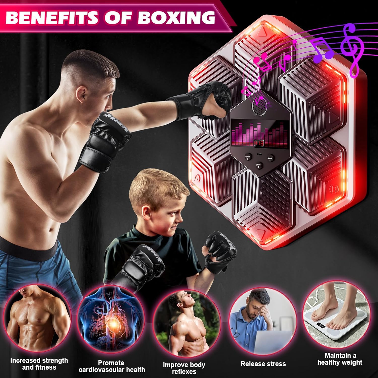 Music Boxing Machine Adultos - 14 Modos de 16 Velocidad Maquina Boxeo Musical Pared con Guantes De Boxeo - Máquina de Boxeo con Bluetooth y Recuento Inteligente y Luces al Ritmo de la Música