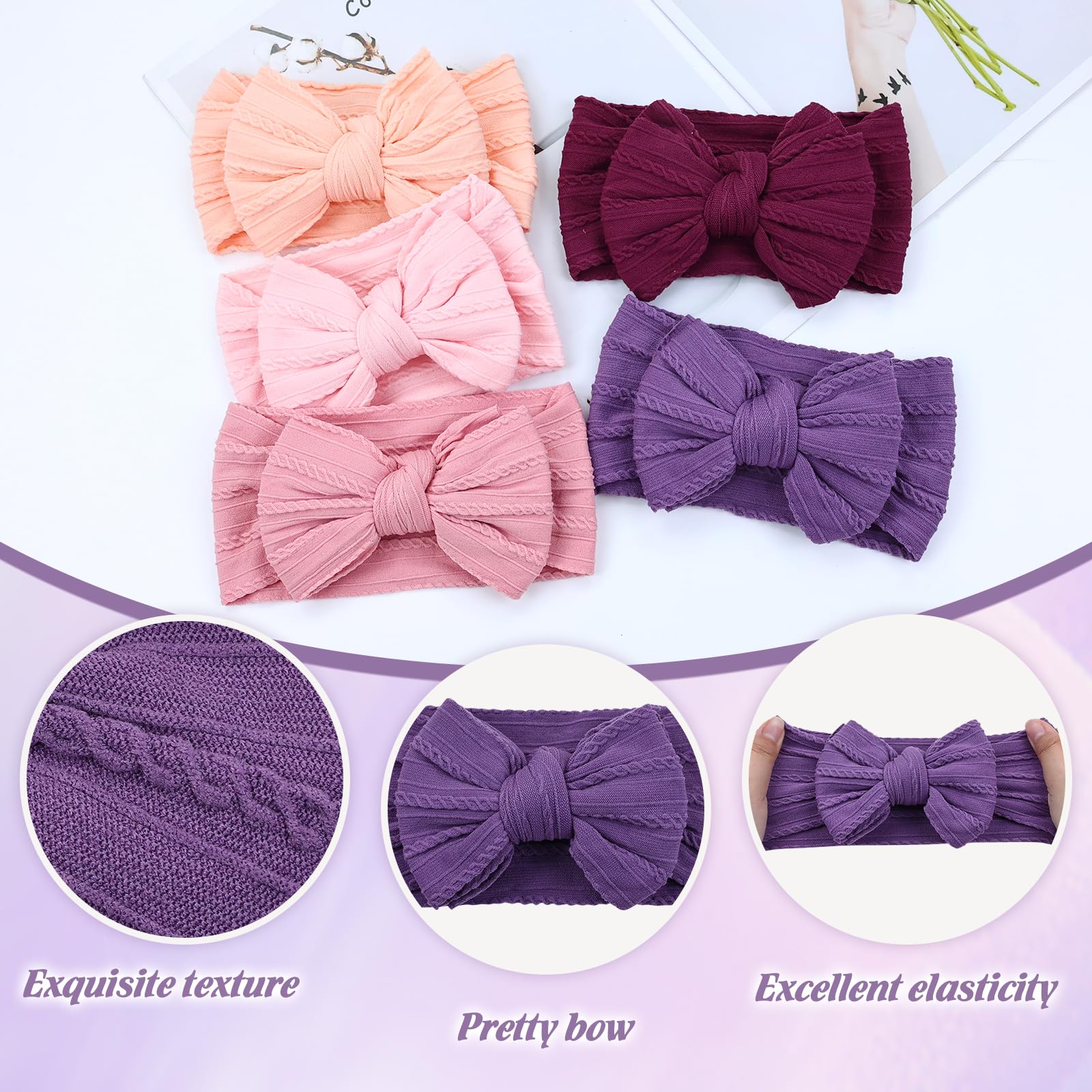 Cinaci 5 Pieces Soft Stretchy Baby Girl Wide Headbands with Bow Headwraps Hair Bows Bands Accessories for Baby Boys Girls Newborns Infants Toddlers - Image 3